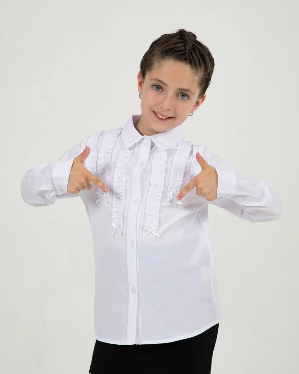 Girls' Formal White Blouse with Ruffles and Bows (11-14 Years) - Pack of 4 - Busra Bebe - by Peralane