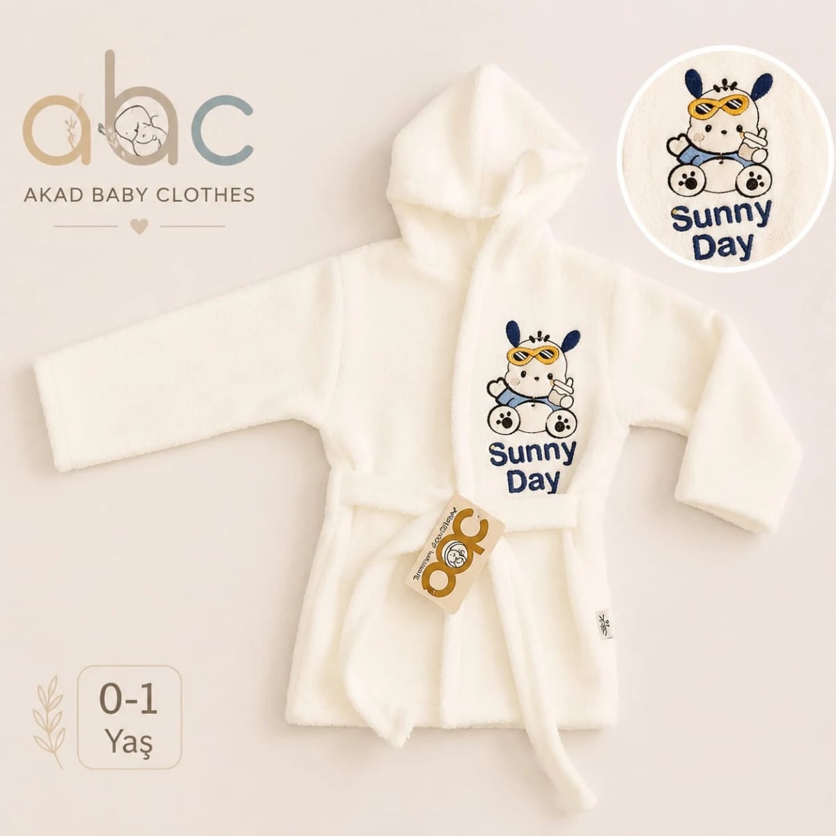Baby Hooded Bathrobe with Dog Embroidered Motif - Cream - Has Bereket - by Peralane