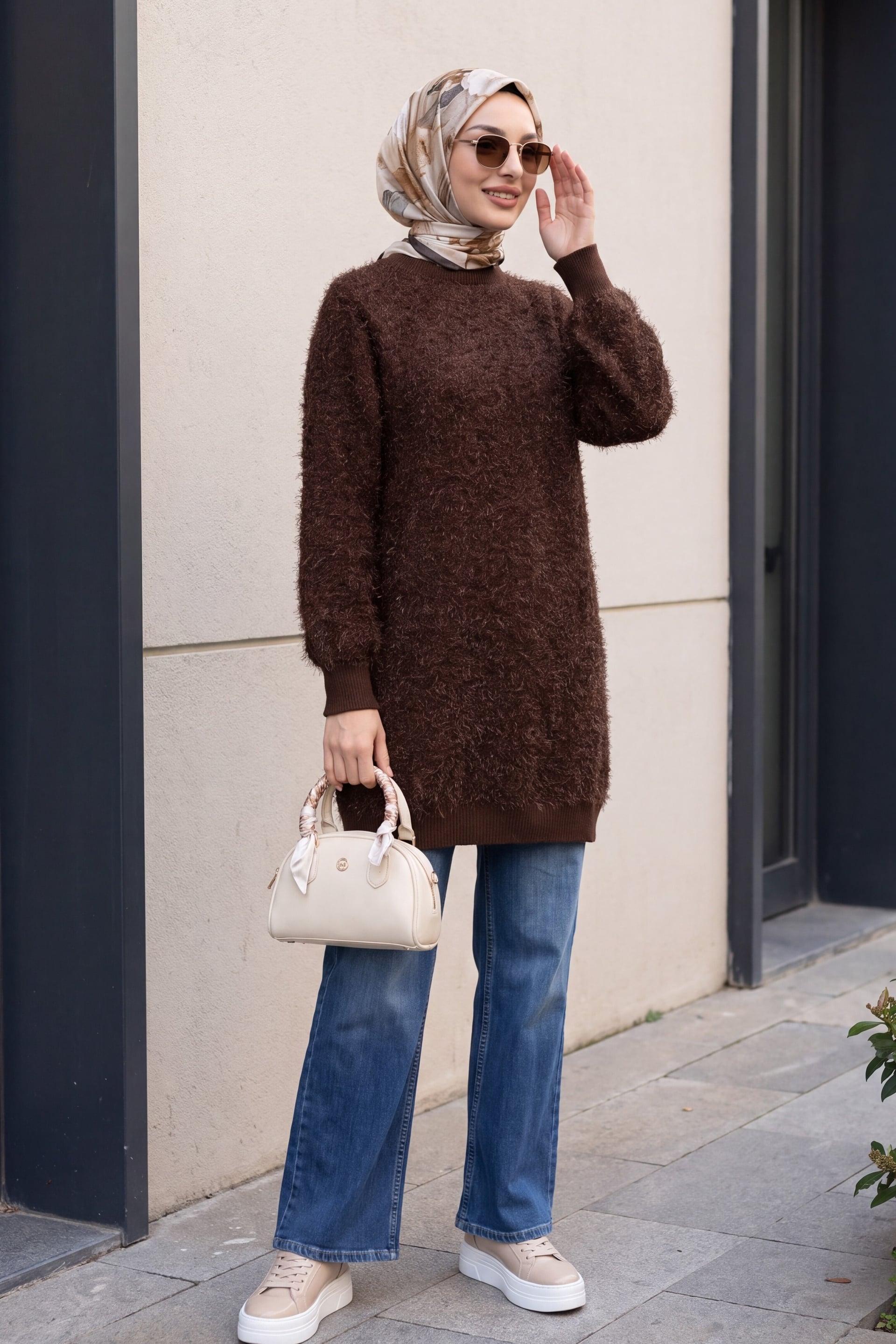 Women's Brown Sequin Crew Neck Fuzzy Knit Tunic - Podyumplus - by Peralane - photo 4