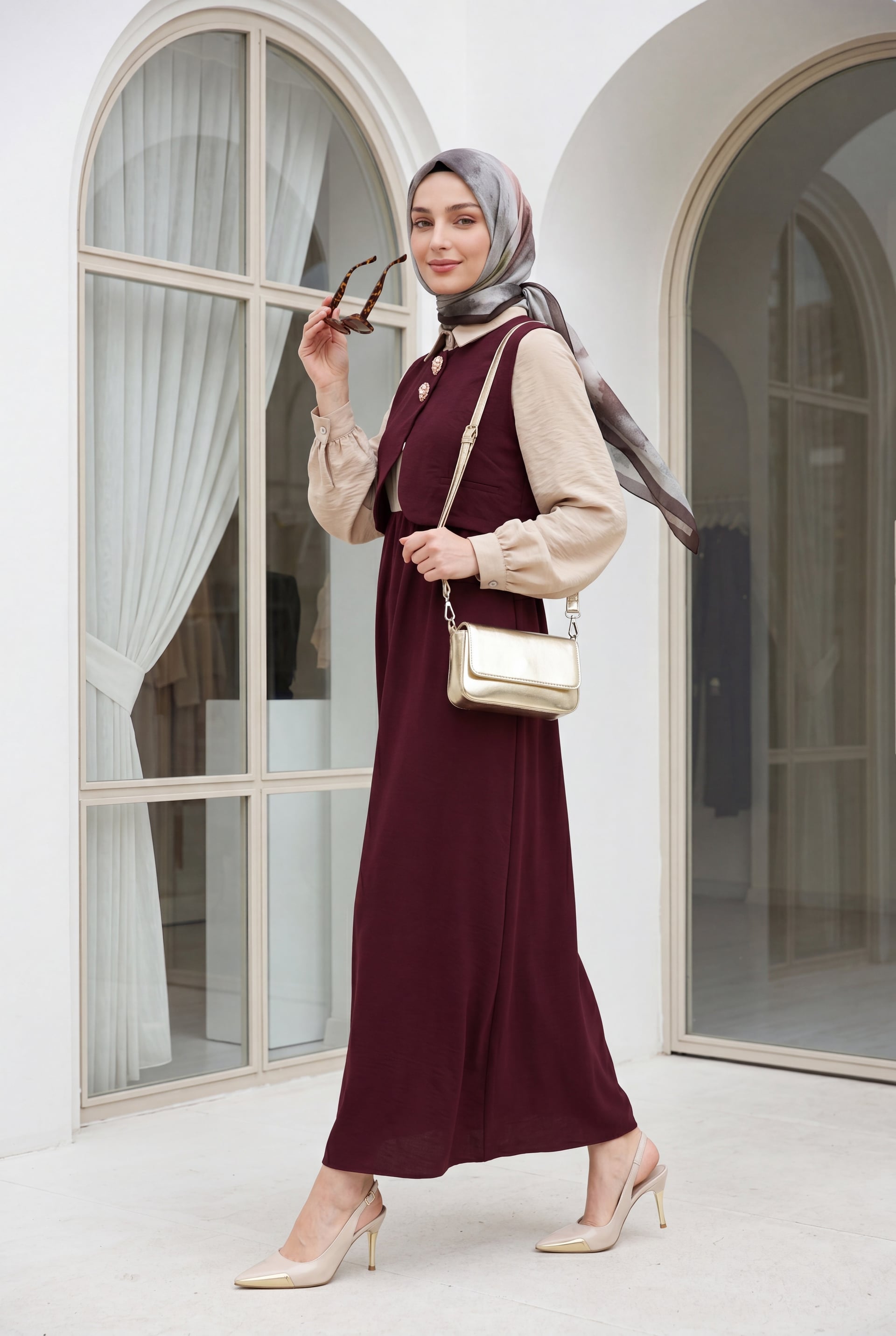 Long Modal Dress with Snap-Front Mini Vest and Elastic Waist - Burgundy - Podyumplus - by Peralane - photo 3