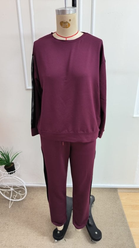 Women's Long Sleeve Crew Neck Mesh Tulle Detail Viscose Two-Thread Blouse and Trousers Two-Piece Set - Janes - by Peralane - photo 5