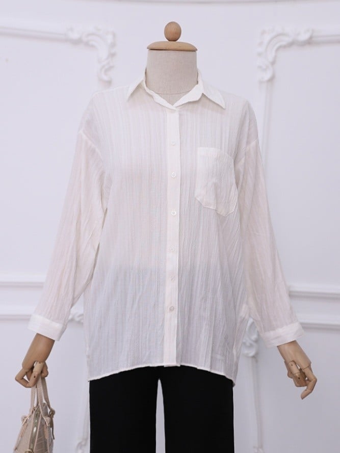 Single Pocket Buttoned Crinkle Tunic - Ecru - Podyumplus - by Peralane