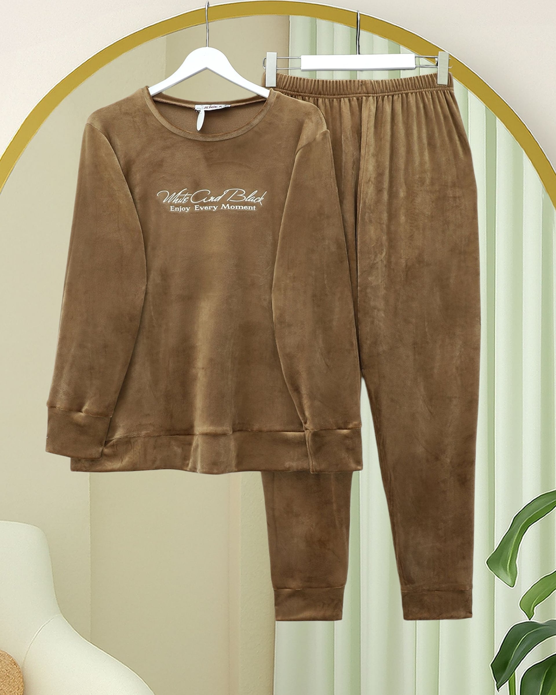 Embossed Text French Velour Loungewear Set - Cinnamon - Podyumplus - by Peralane - photo 3