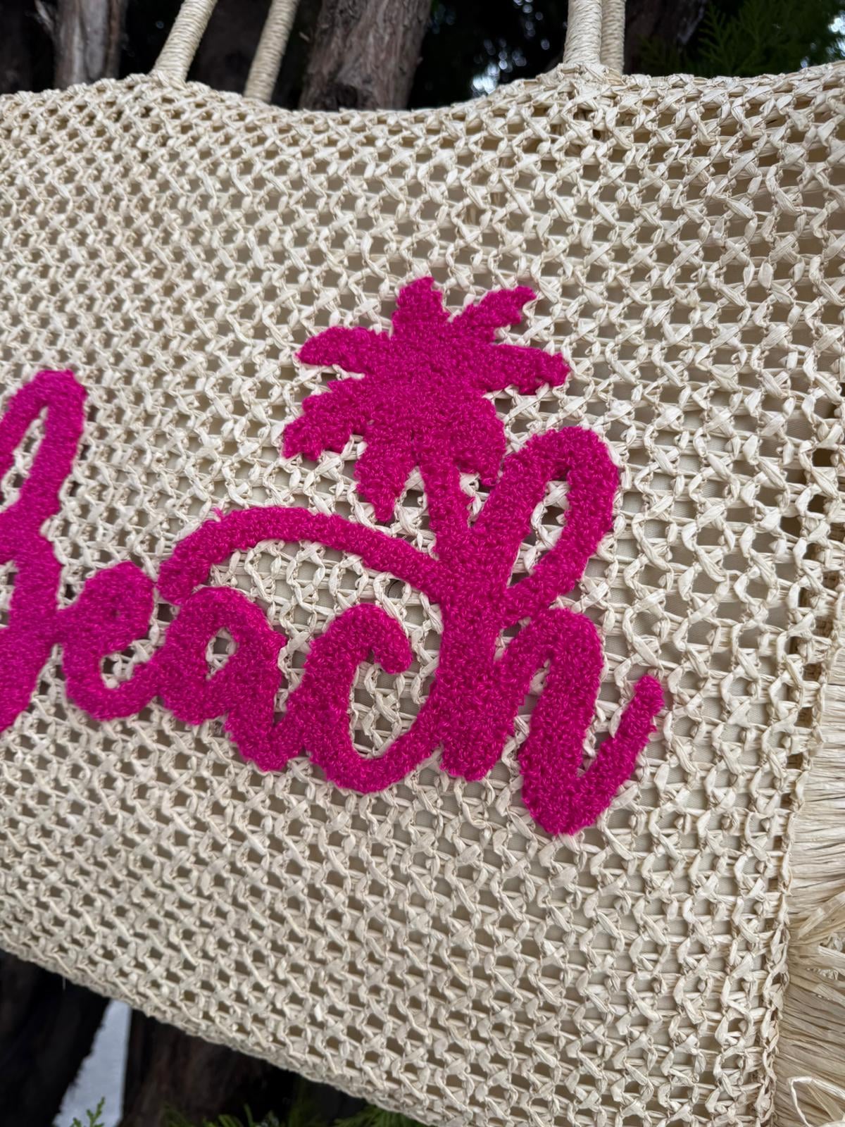 Beige Straw Beach Tote Bag with Pink 'Beach' Embroidery 47x44 cm - Nesvay - by Peralane - photo 3