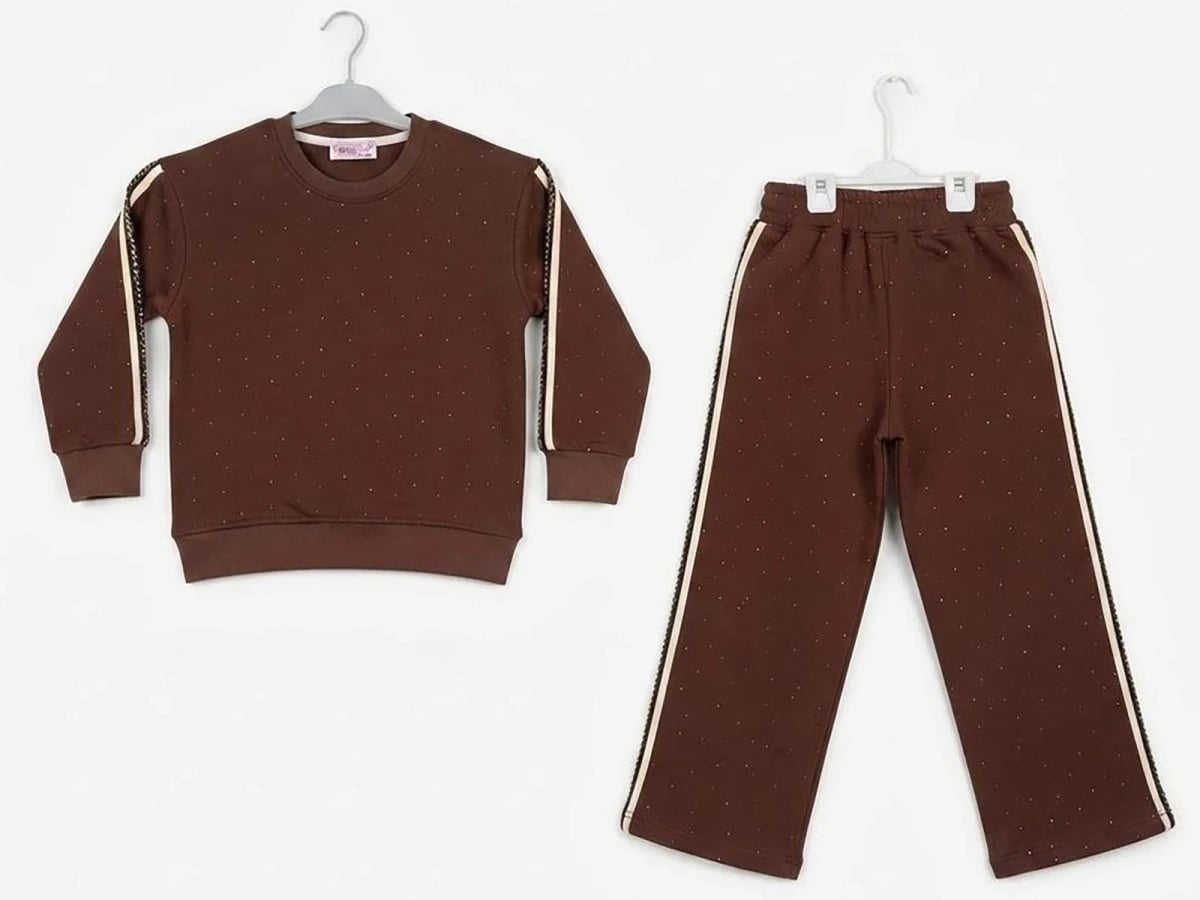 Girls' Striped Detail Fleece Sweatshirt and Trousers Set in Dark Brown - CMK - by Peralane