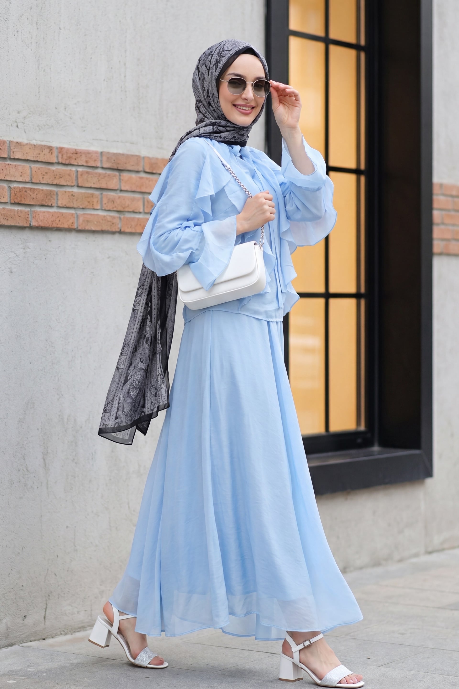 Tie-Front Ruffled Lined Tulle Modal Two-Piece Set in Baby Blue - Podyumplus - by Peralane - photo 2