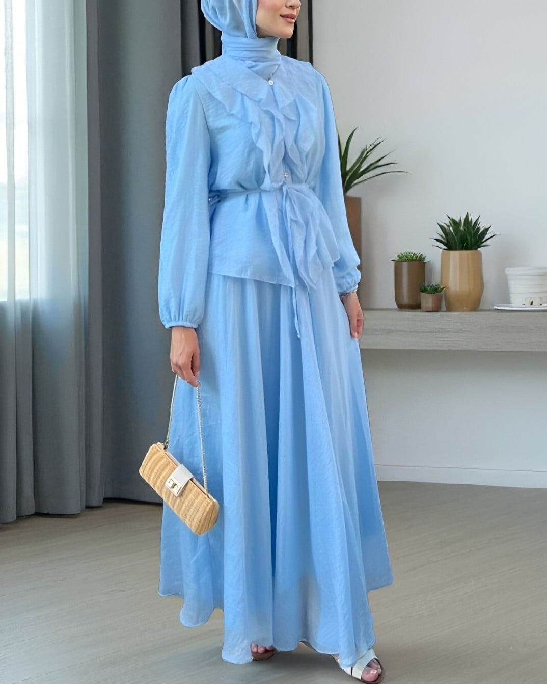 Ruffled Two-Piece Modest Set in Baby Blue - Podyumplus - by Peralane - photo 2