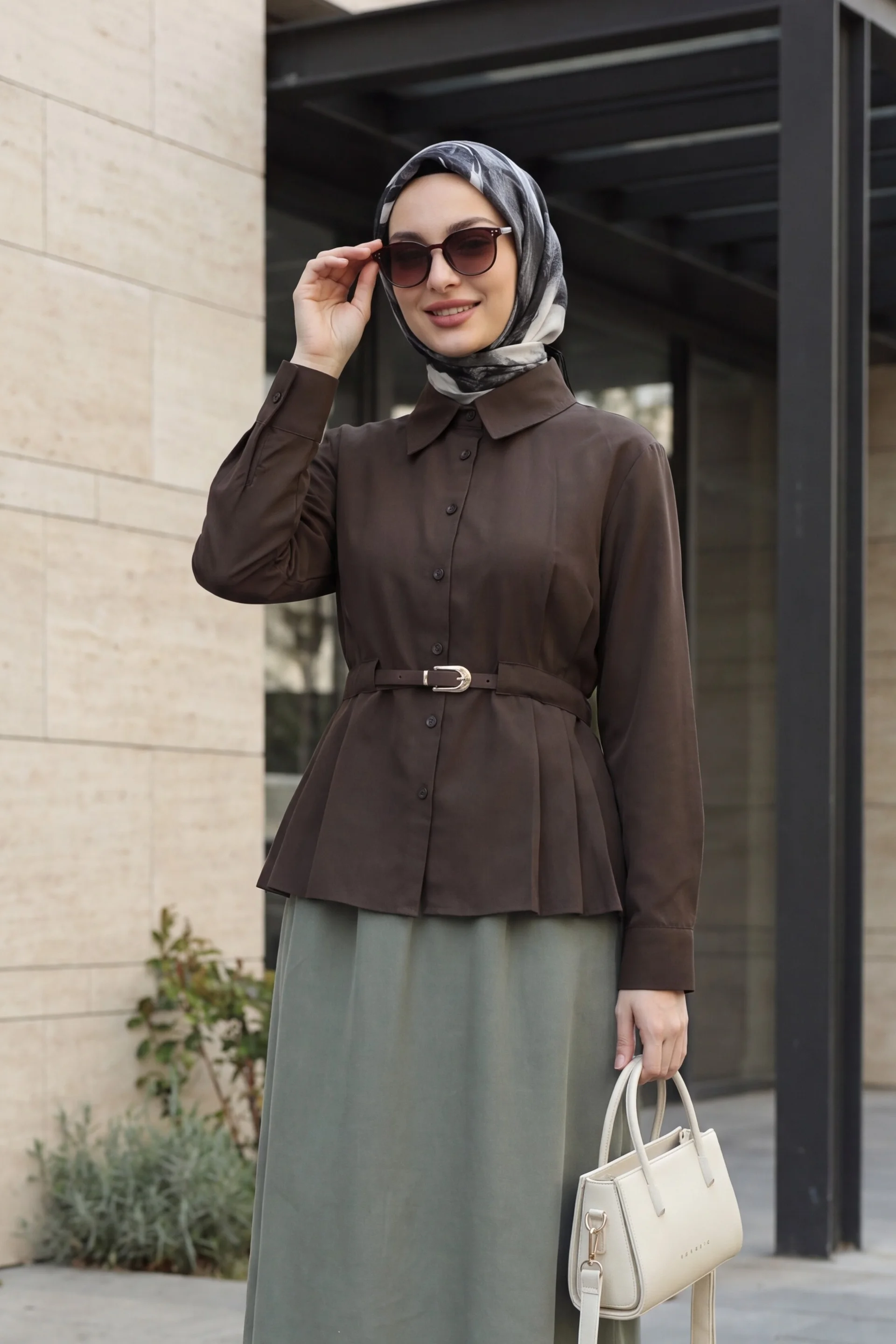 Belted Pleated Long-Sleeve Blouse - Brown - Podyumplus - by Peralane
