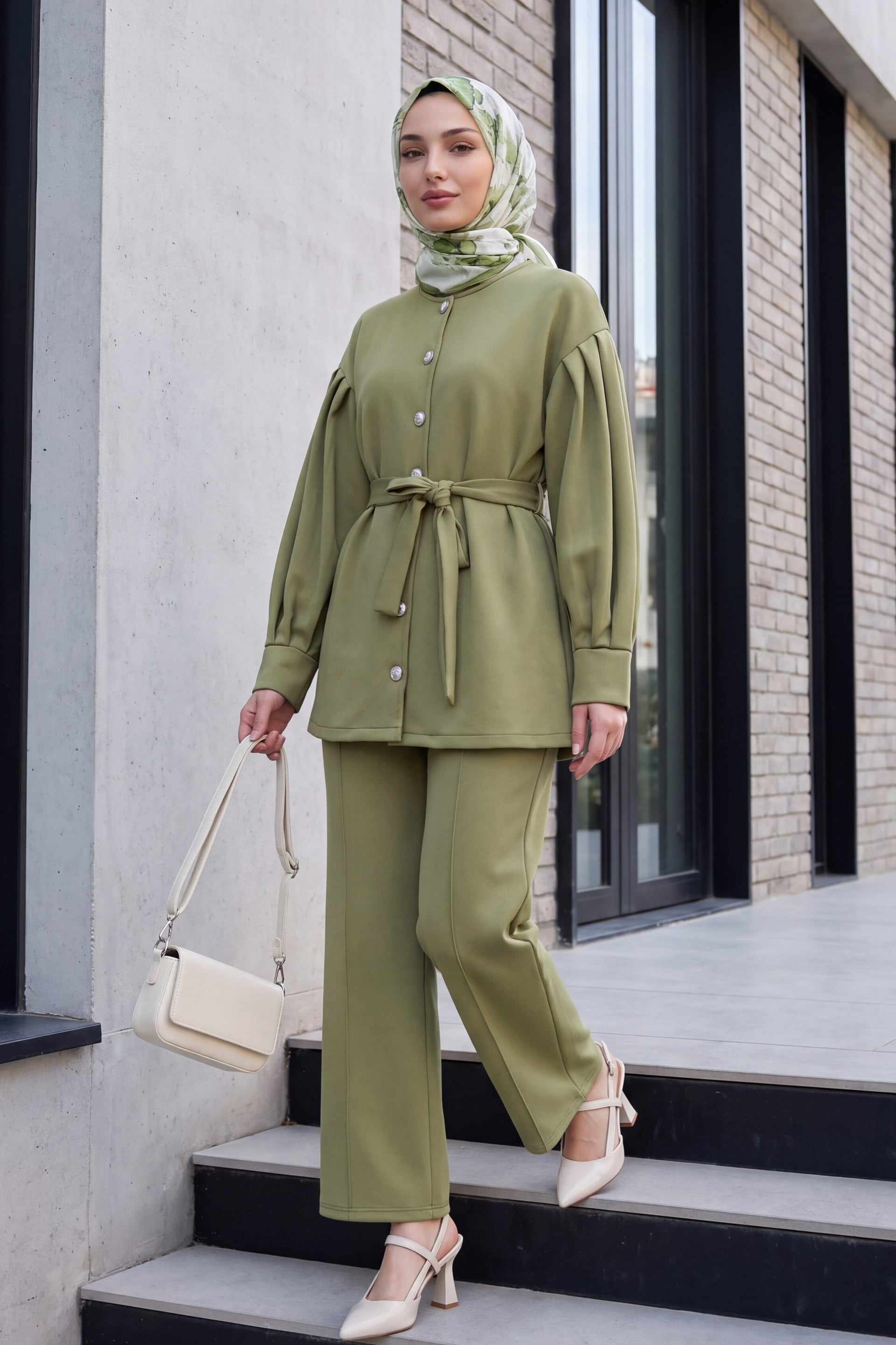 Belted Scuba Two-Piece Set with Top and Straight-Leg Pants - Olive Green - Podyumplus - by Peralane - photo 4