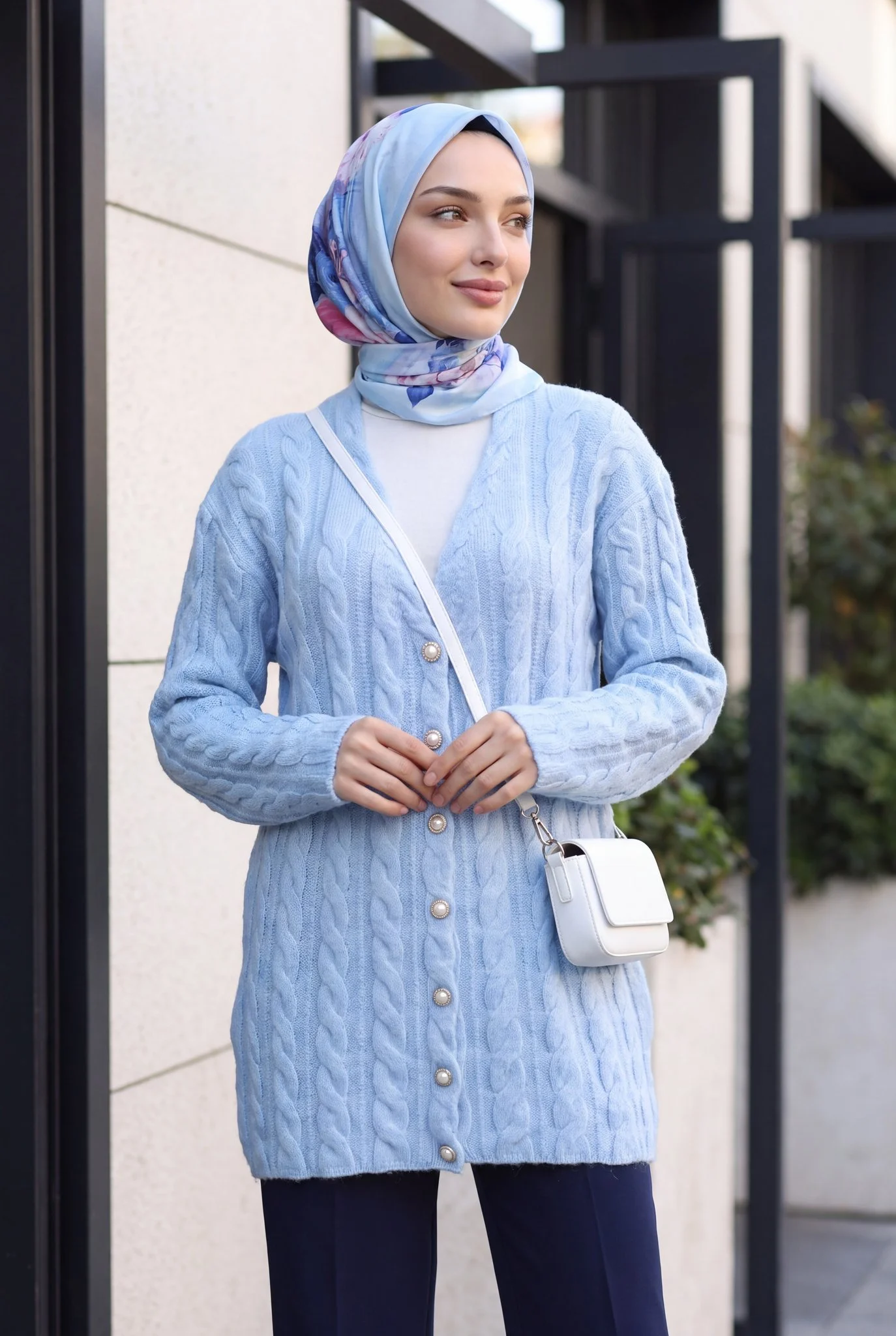Cable Knit Cardigan with Pearl Buttons - Light Blue - Podyumplus - by Peralane - photo 2