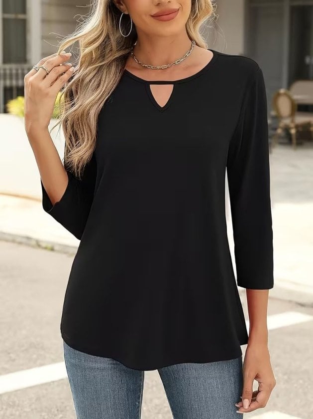 Women's Black Three-Quarter Sleeve Viscose Blouse with Round Neckline and Keyhole Detail - Janes - by Peralane