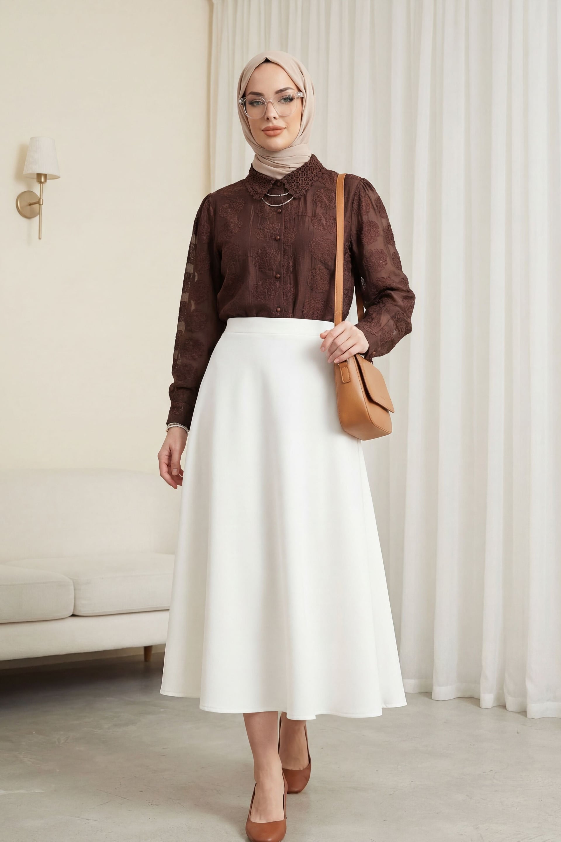 Brown Lace Collar Jacquard Blouse with Button Placket - Podyumplus - by Peralane - photo 3