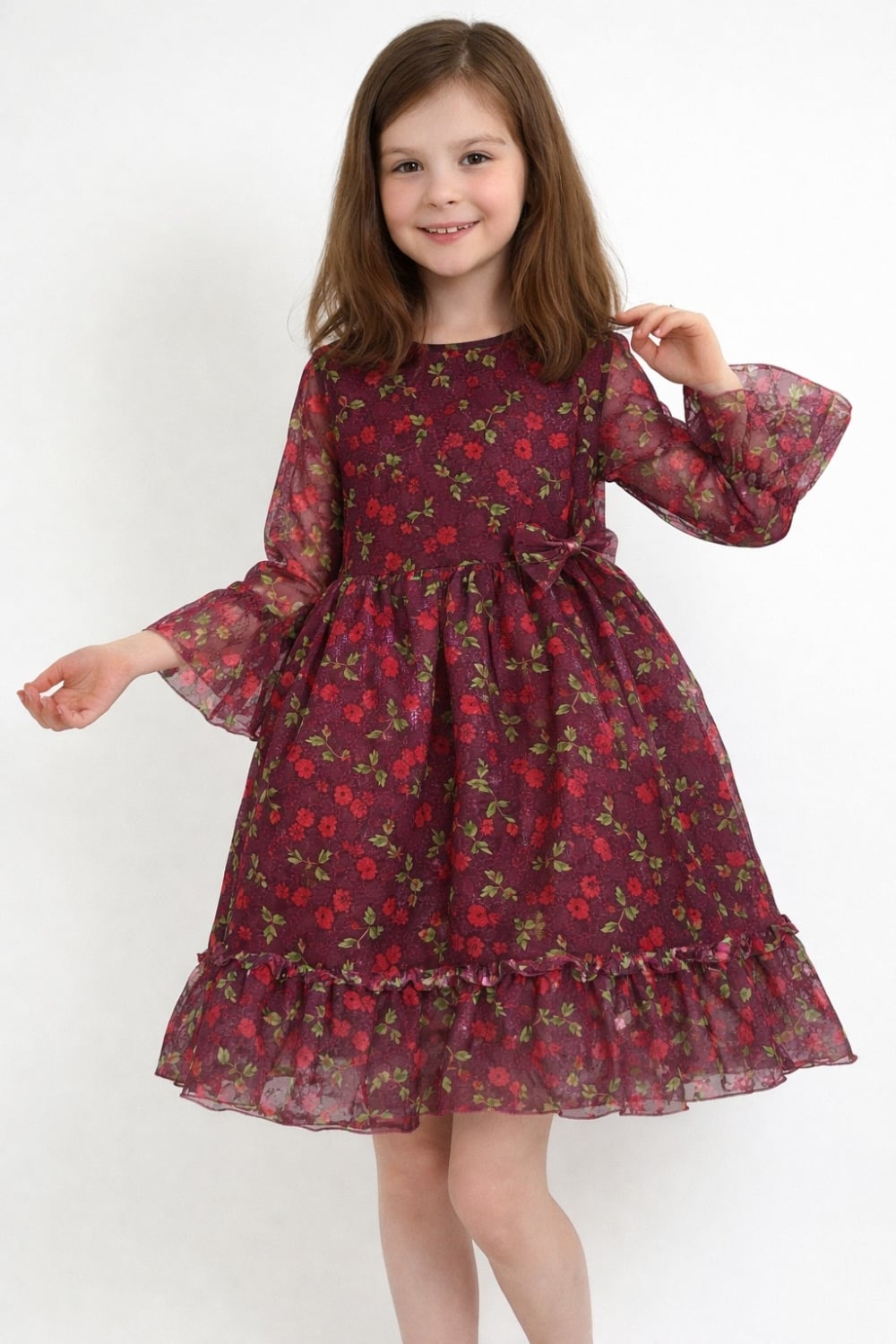 Girls Floral Print Party Dress with Bow - Burgundy - Has Bereket - by Peralane