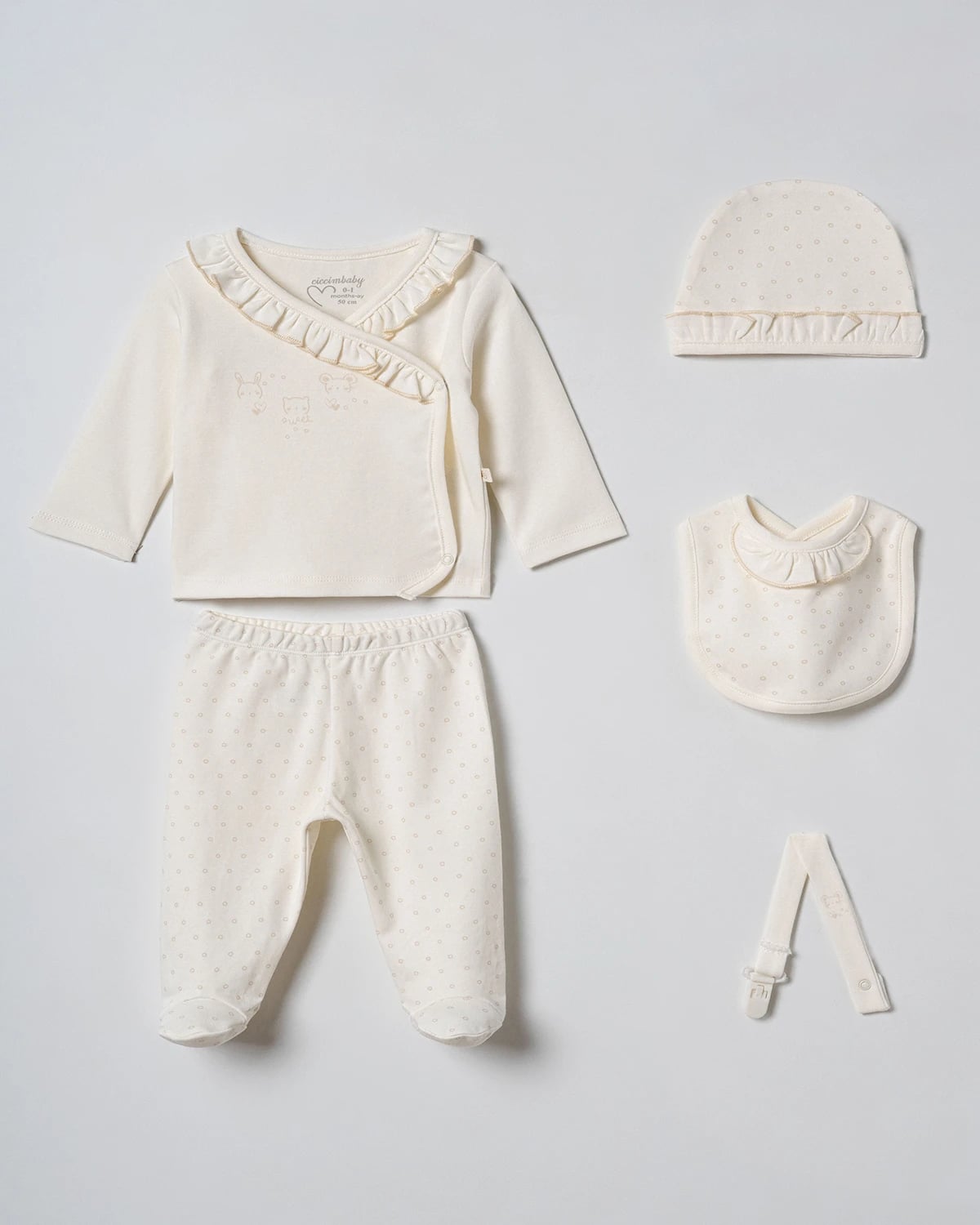 Newborn Baby Bodysuit, Pants, Hat, Bib and Pacifier Clip Set - Beige - Ciccimbaby - by Peralane