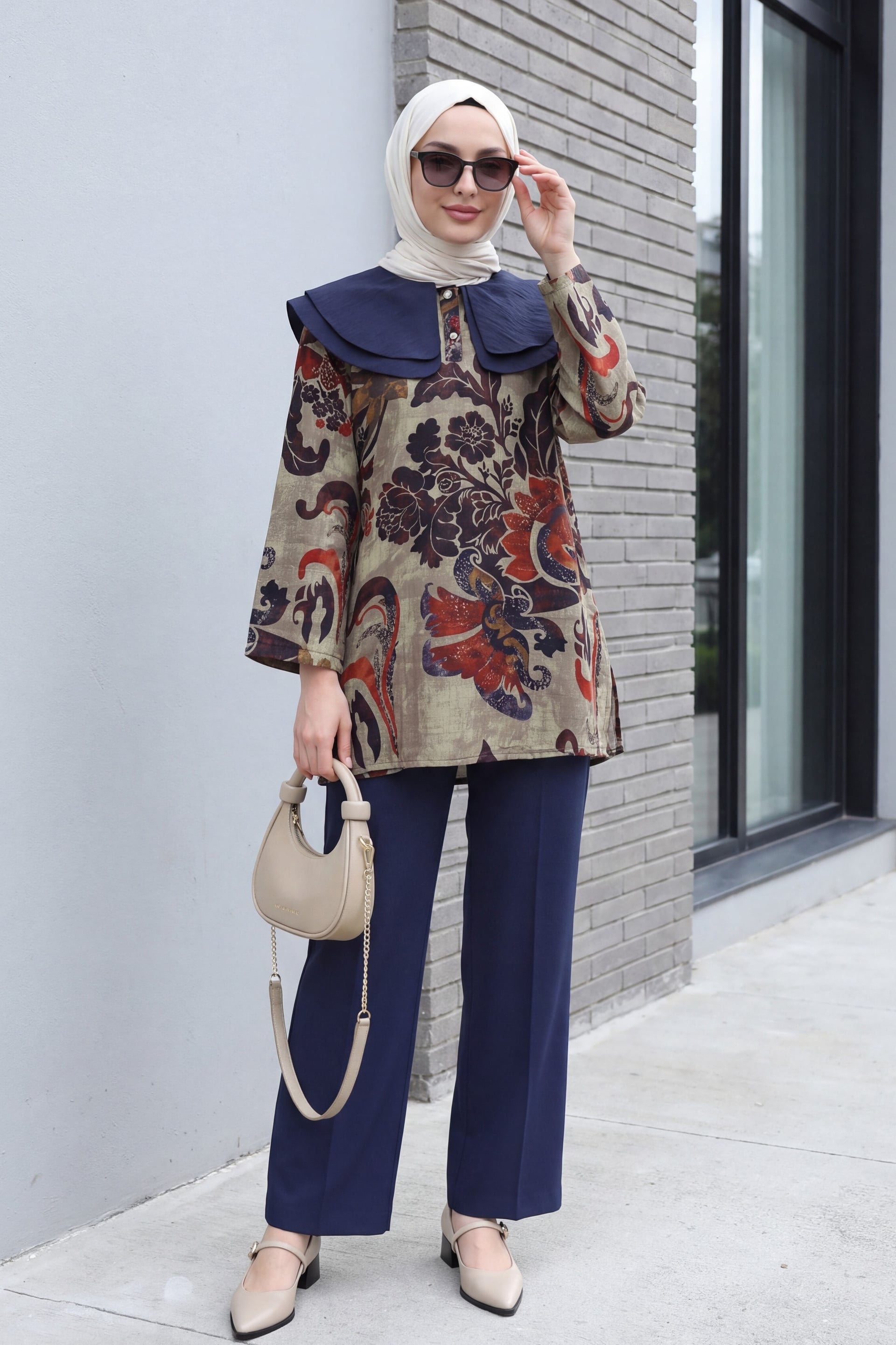 Beige Quilted Tunic with Apron Collar and Half Button Front - Podyumplus - by Peralane - photo 6