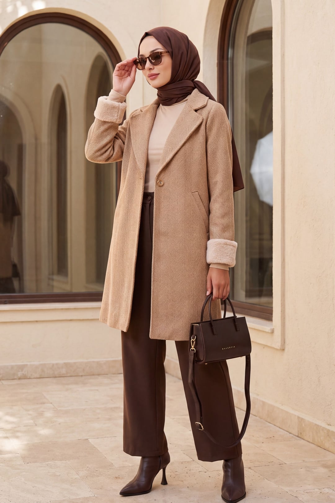Women's Herringbone Faux Fur Trim Coat - Camel - Bigdart - by Peralane - photo 2