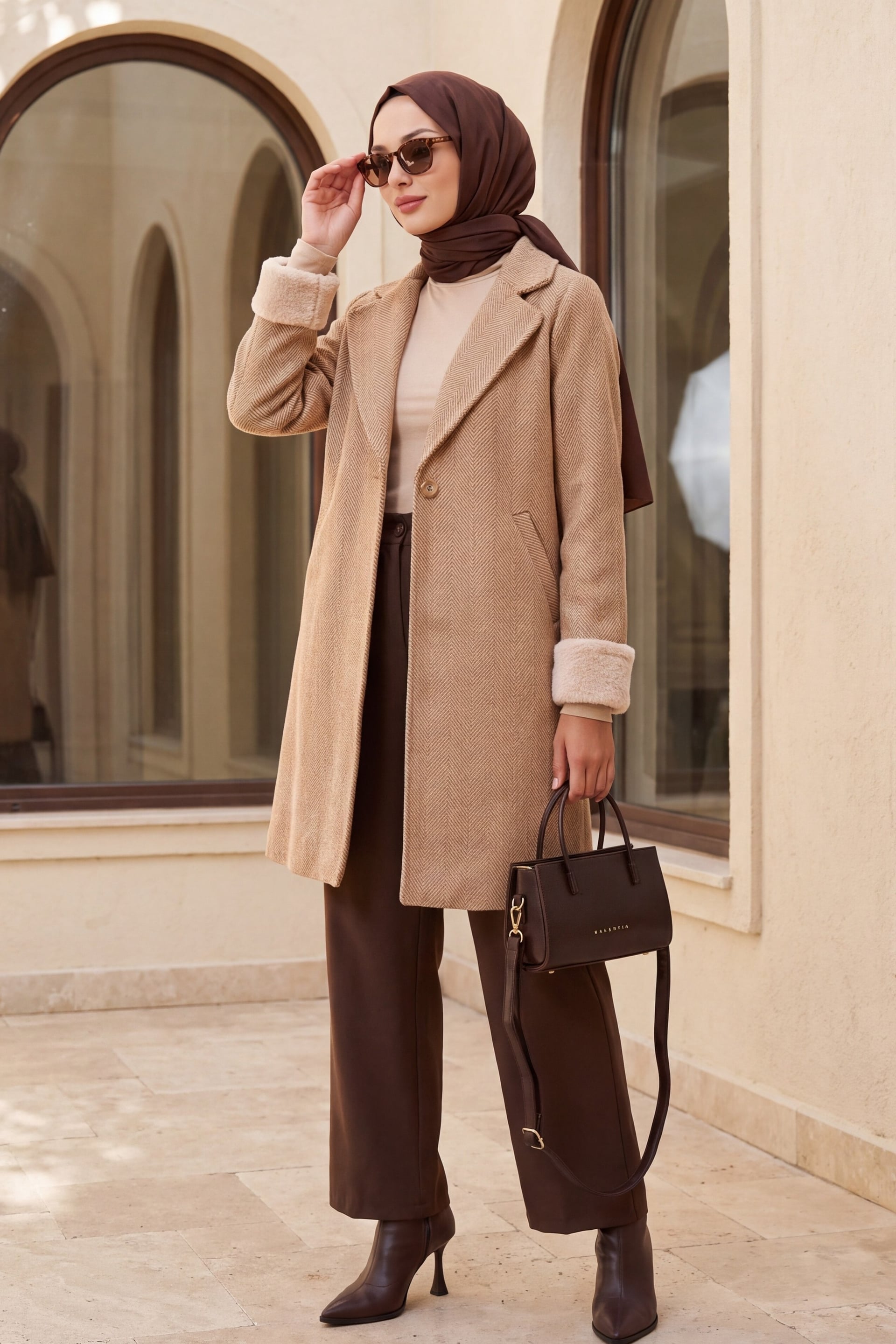 Women's Herringbone Faux Fur Trim Coat - Camel - Bigdart - by Peralane - photo 2