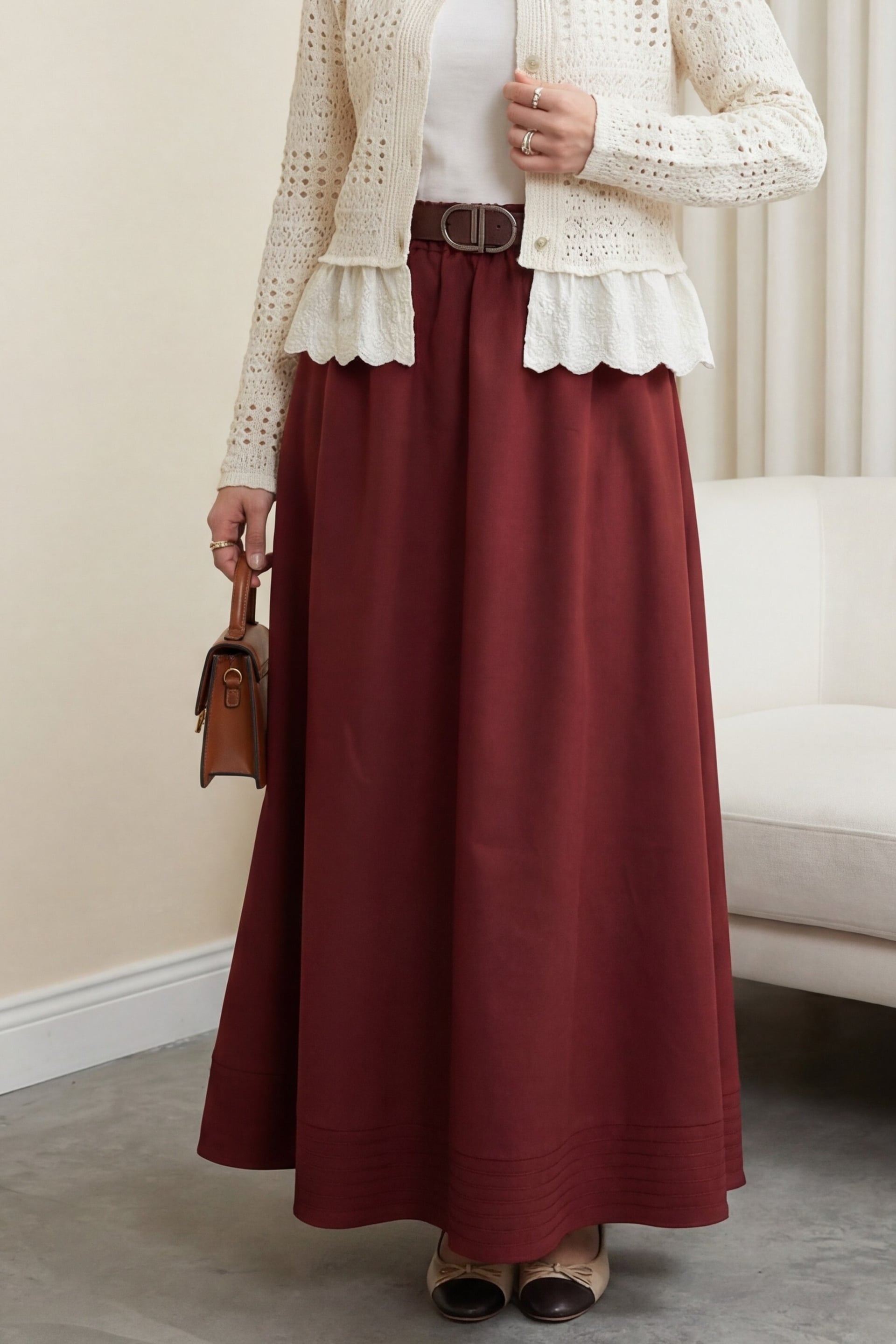 Burgundy Elasticated Waist Soft Gabardine Skirt with Stitching Detail and Lining - Podyumplus - by Peralane