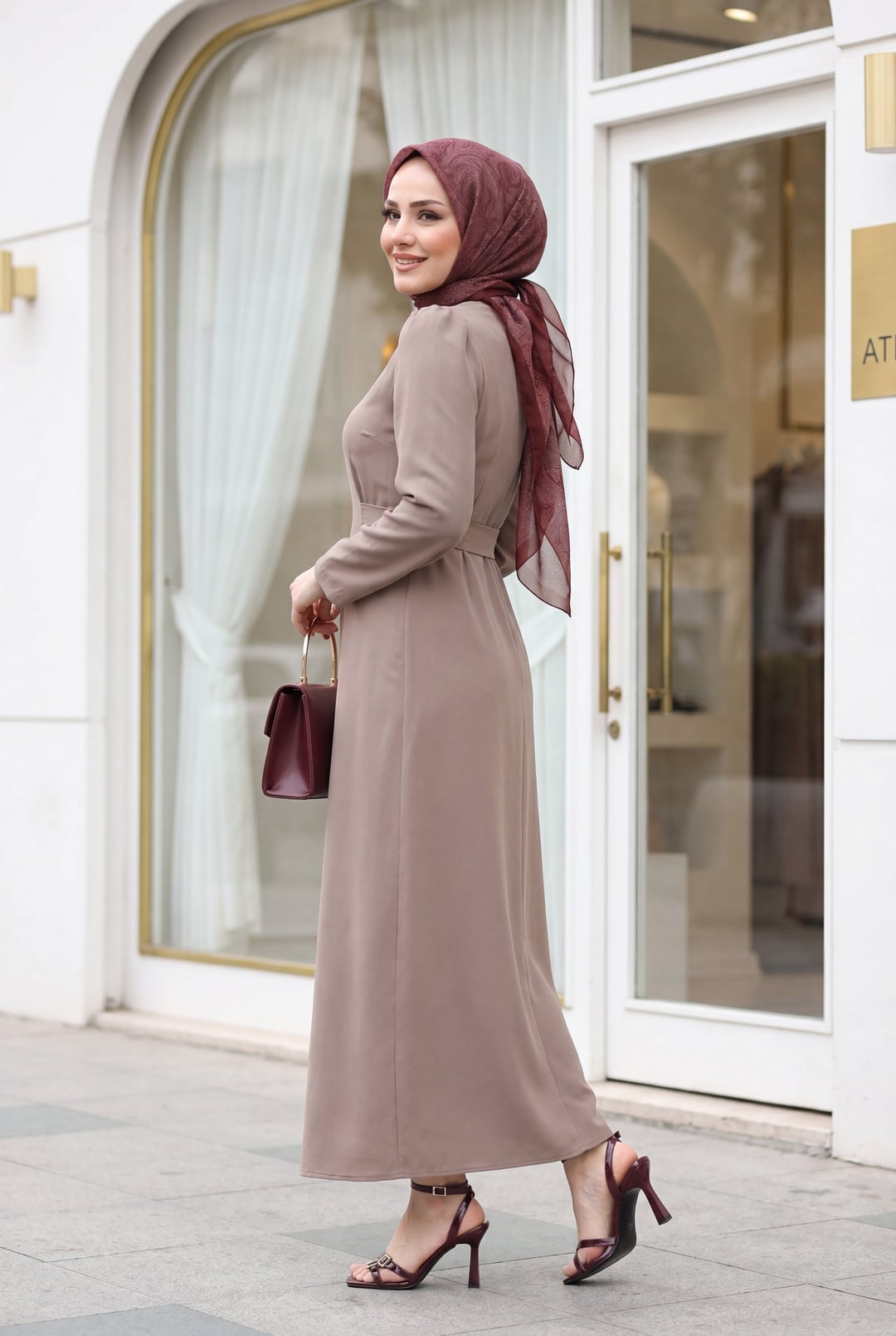 Mandarin Collar Belted Dress - Cinnamon - Podyumplus - by Peralane - photo 2