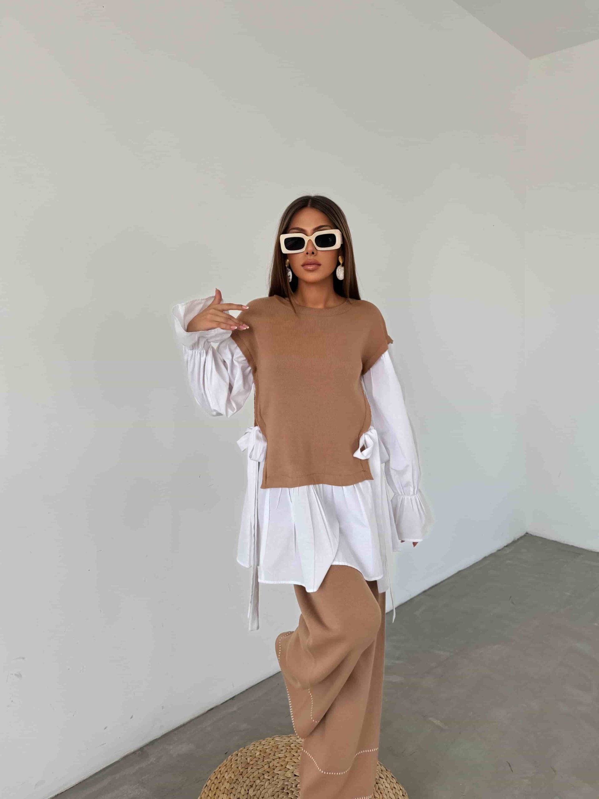 Brown Knitted Vest Overlay Two-Piece Set with White Blouse and Trousers - My Bee - by Peralane - photo 3