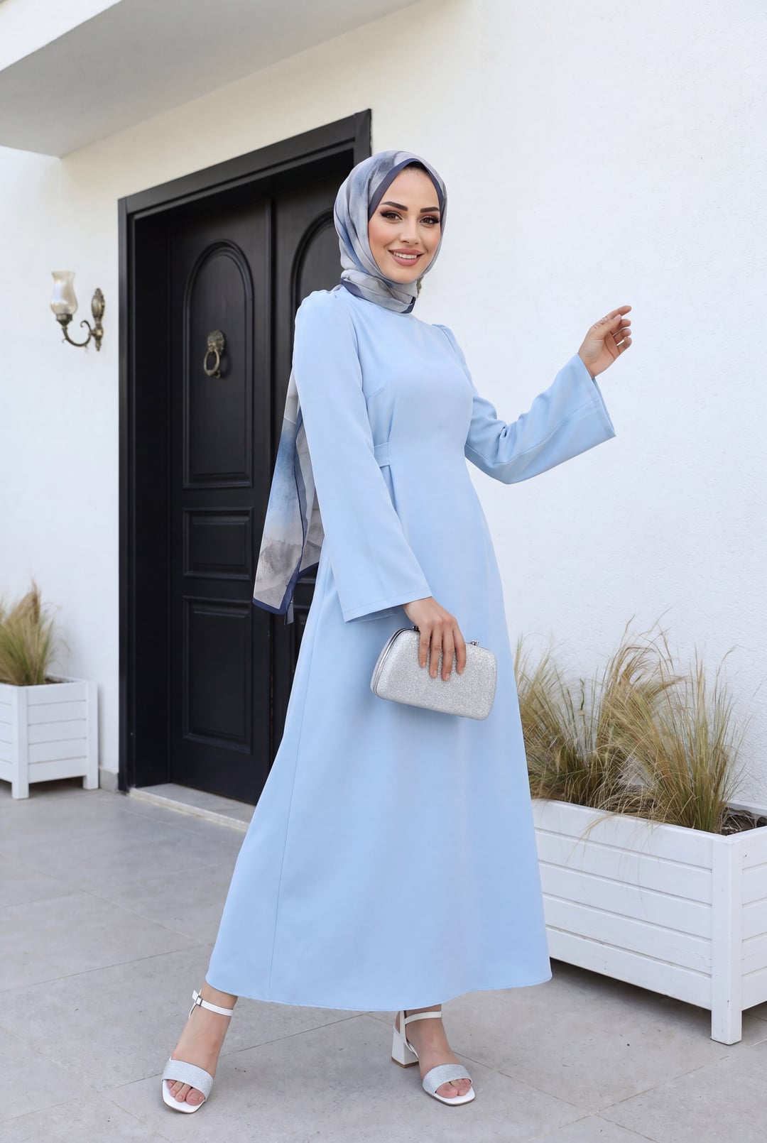 Mandarin Collar Belted Dress - Baby Blue - Podyumplus - by Peralane - photo 3