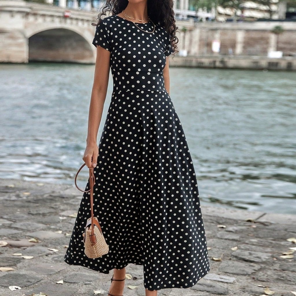 Women's Black Polka Dot Maxi Dress with Short Sleeves and Round Neckline - Janes - by Peralane - photo 15