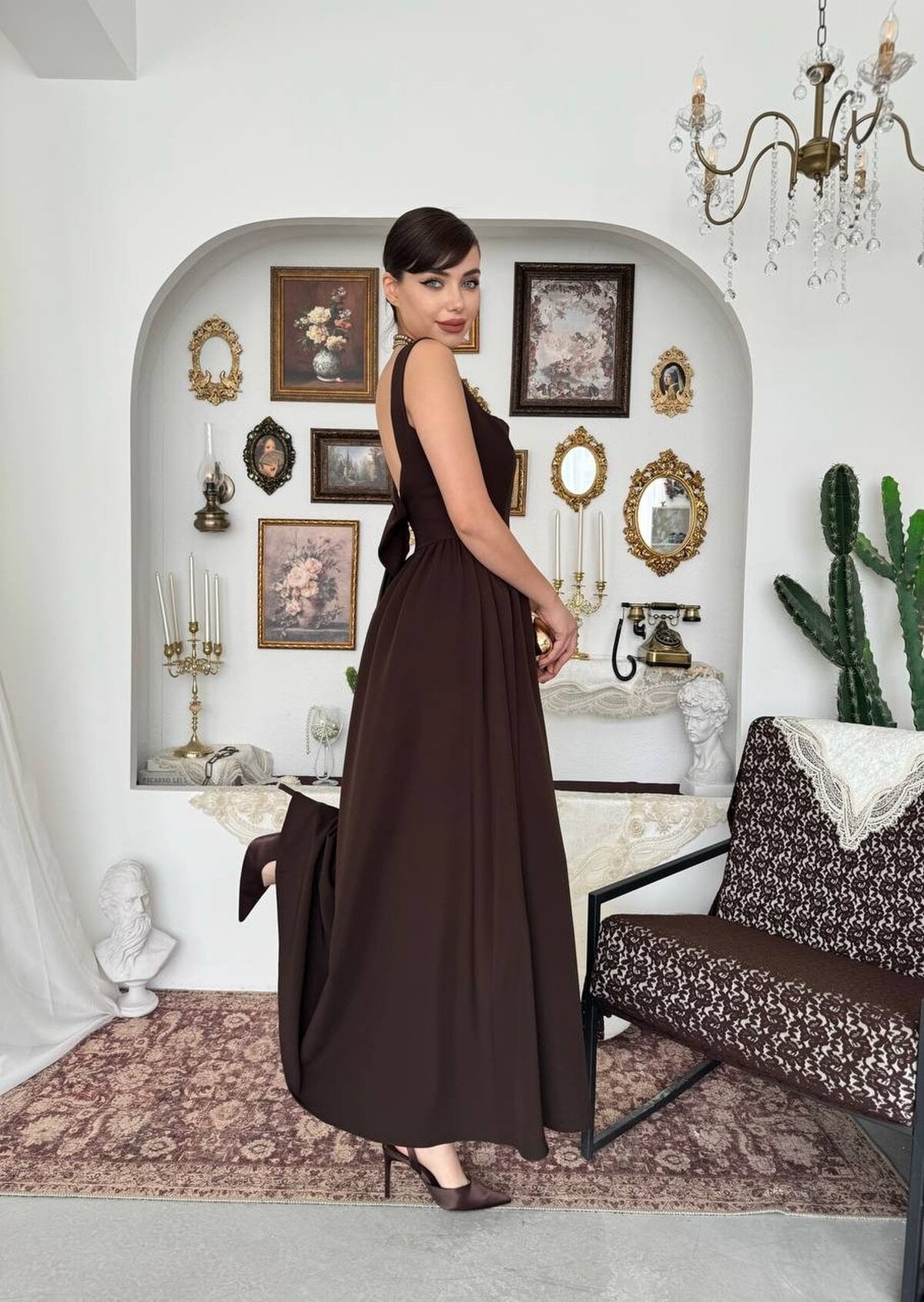 Dinas Bow Detail Sleeveless Dress in Dark Brown - Etika - by Peralane - photo 9