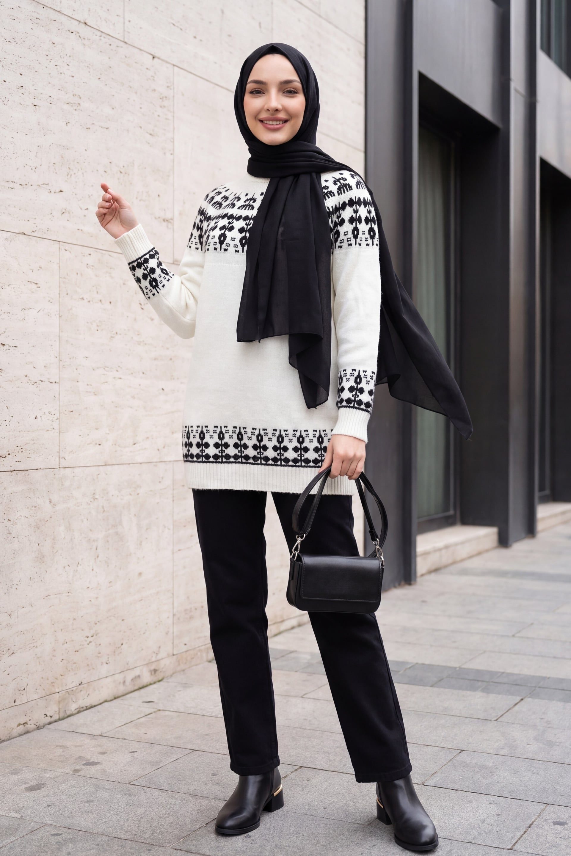 Half Mock Neck Patterned Knit Tunic - White - Podyumplus - by Peralane - photo 4