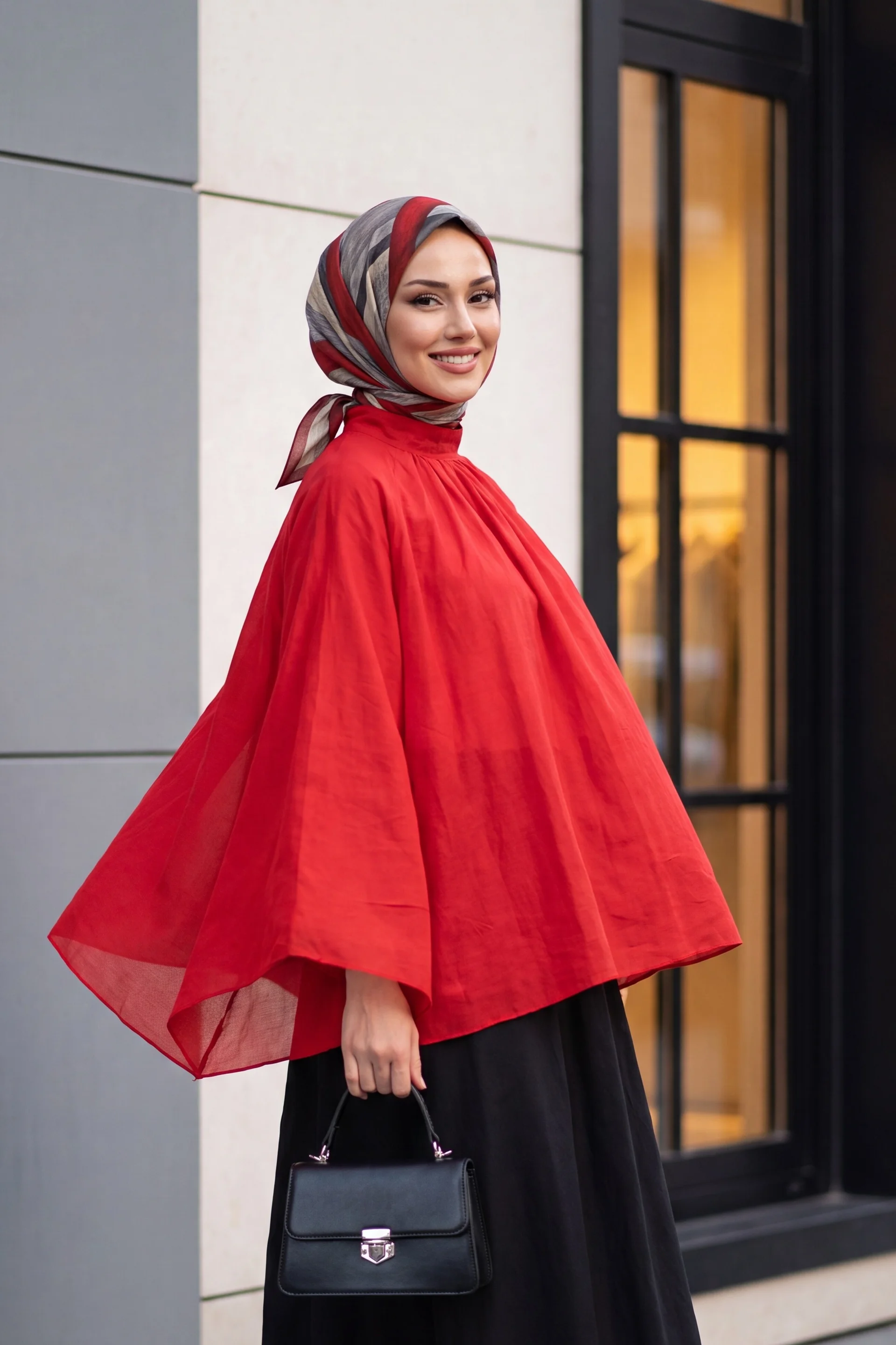 Red High Neck Spanish Sleeve Lined Voile Tunic - Podyumplus - by Peralane - photo 2