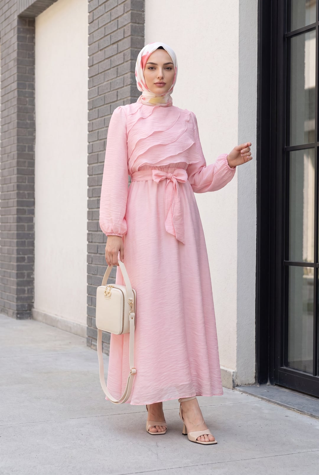 Pink Balloon Sleeve Lined Chiffon Dress with Elastic Waist Belt - Podyumplus - by Peralane - photo 6
