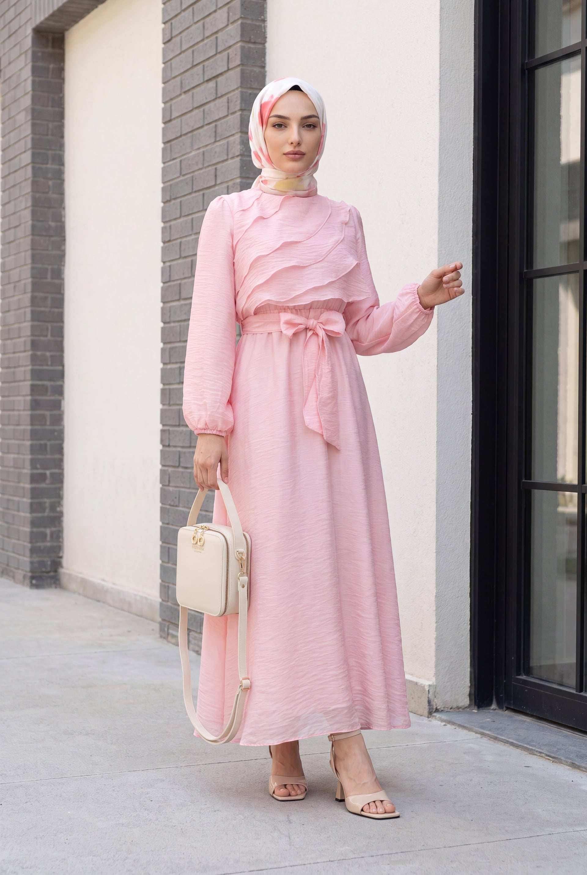 Pink Balloon Sleeve Lined Chiffon Dress with Elastic Waist Belt - Podyumplus - by Peralane - photo 6