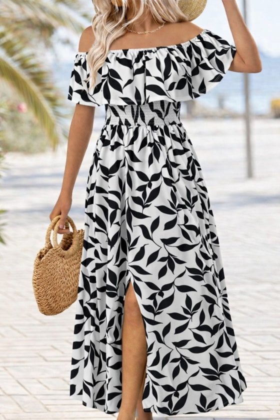 Women's Off-Shoulder Long Leaf Print Maxi Dress with Smocked Waist - Janes - by Peralane - photo 2