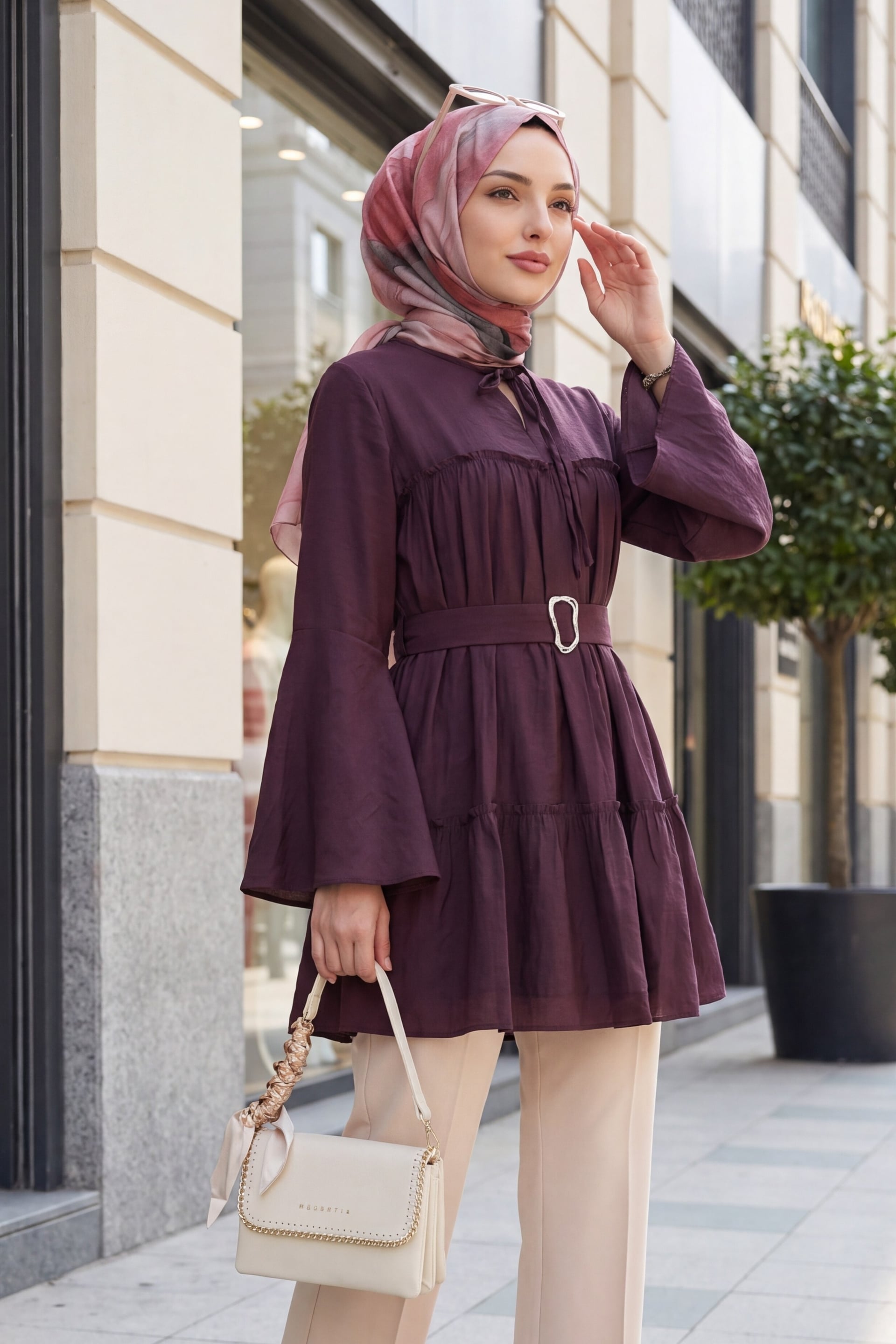 Tie Neckline Belted Bell Sleeve Cupro Tunic - Plum - Podyumplus - by Peralane - photo 2