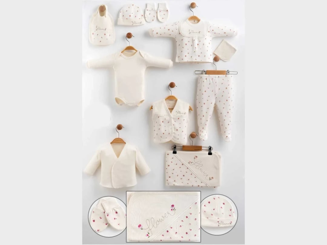 Flower Print 10-Piece Baby Girl Hospital Exit Bodysuit Set - Pink - Gaye Bebe - by Peralane