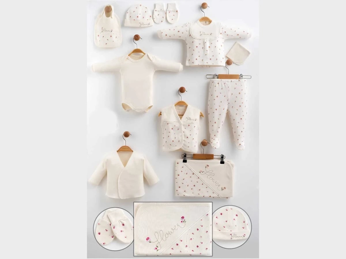 10-Piece Baby Girl Hospital Exit Layette Set with Floral Print - Beige - Gaye Bebe - by Peralane