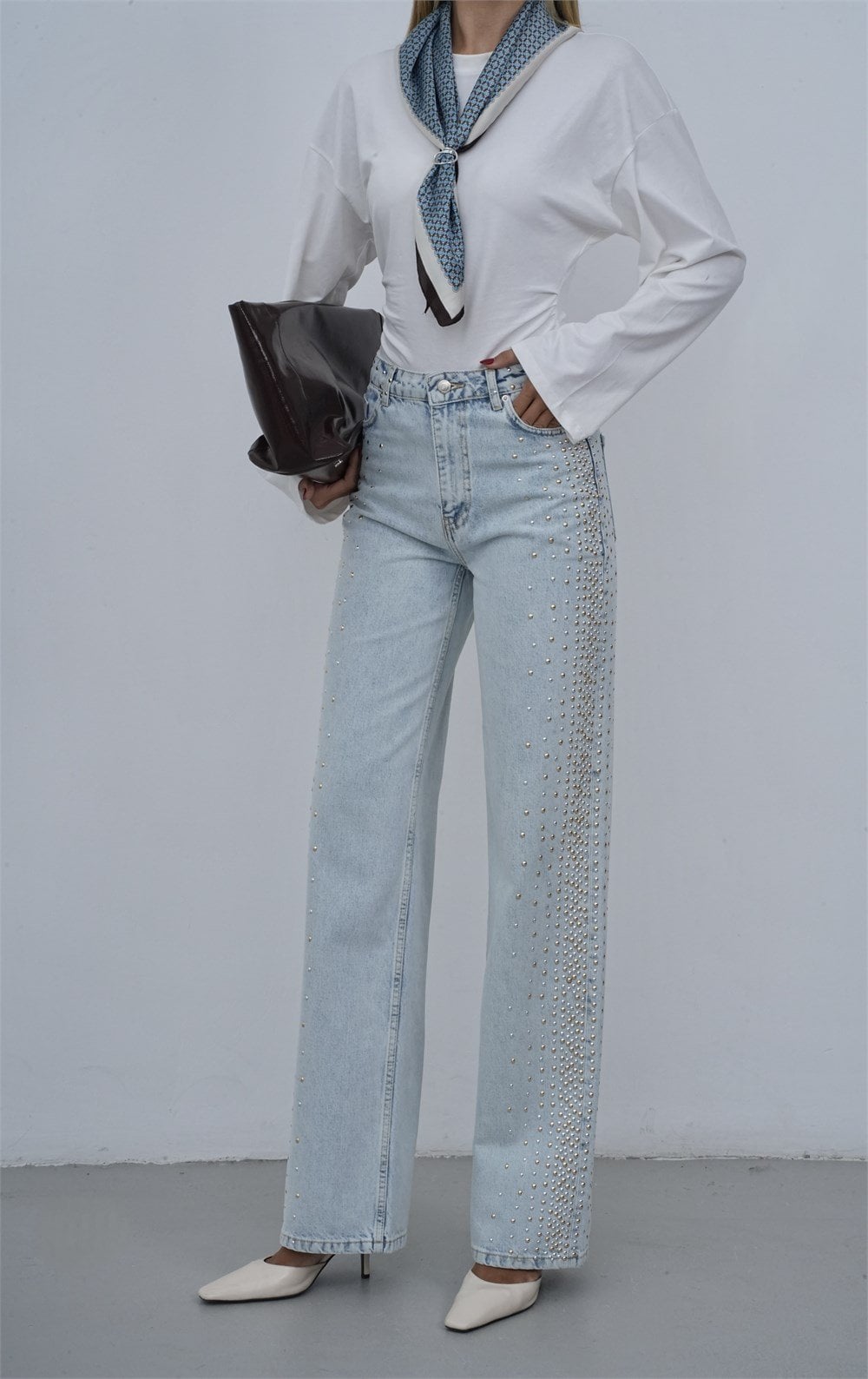 High Waist Wide Leg Jeans with Metal Stud Detail Light Blue - Women's Denim - Lacarino Jeans - by Peralane