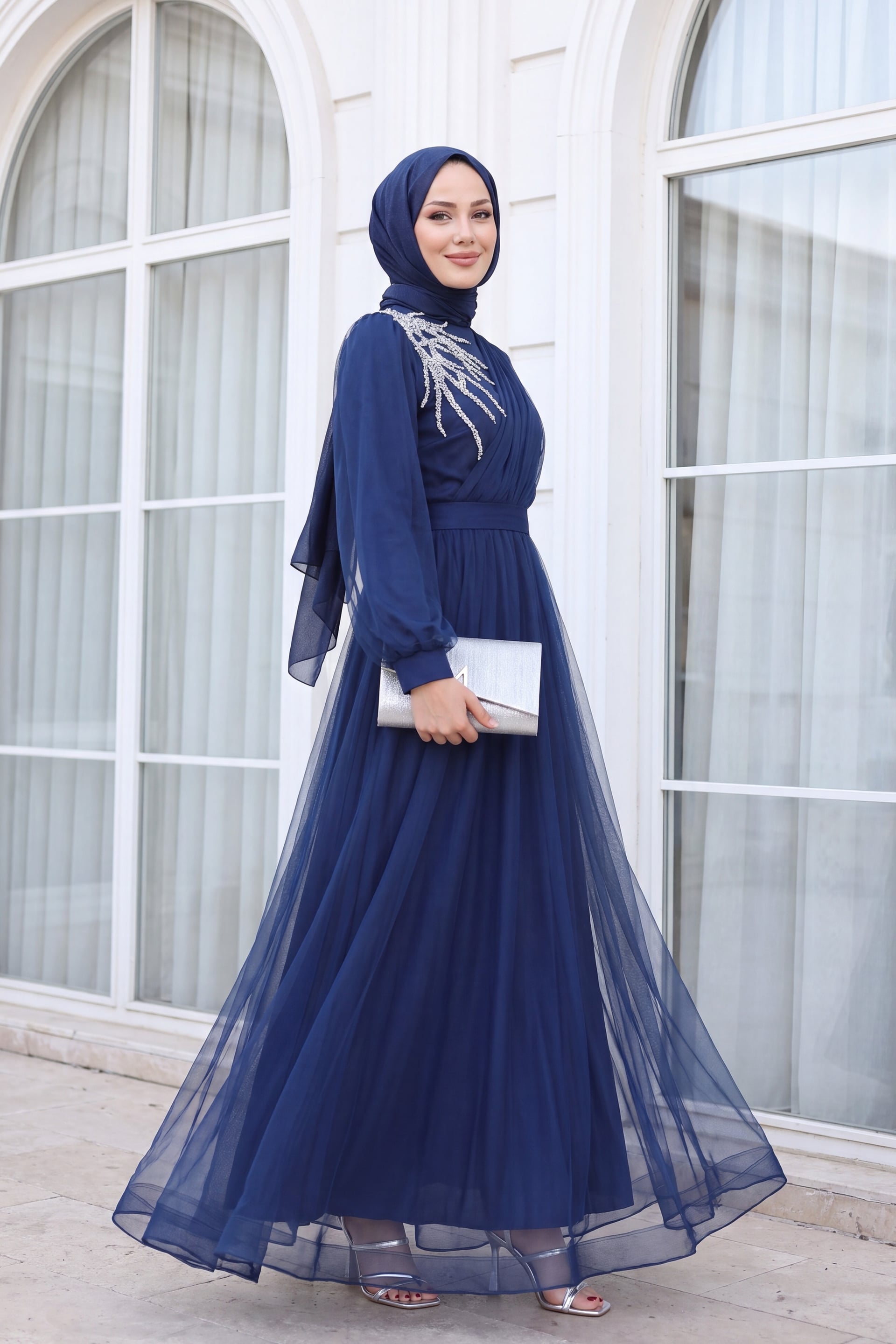 Navy Blue Stone Detailed Draped Belted Tulle Evening Dress - Podyumplus - by Peralane - photo 2
