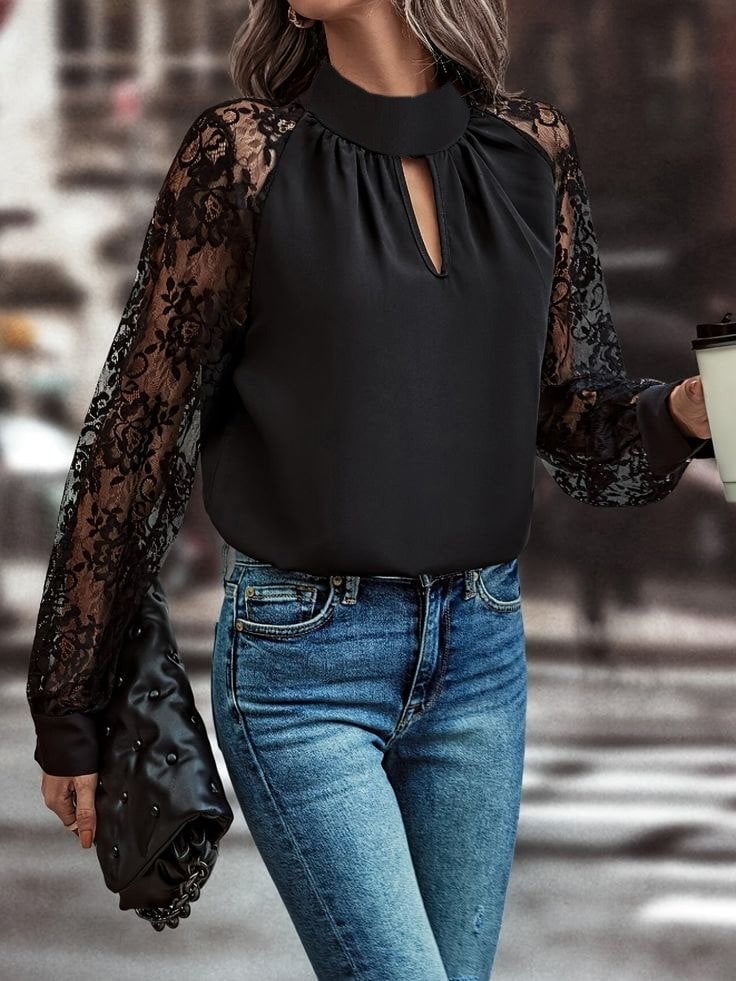 Women's Long Sleeve High Neck Keyhole Blouse with Lace Sleeves in Black - Janes - by Peralane - photo 3