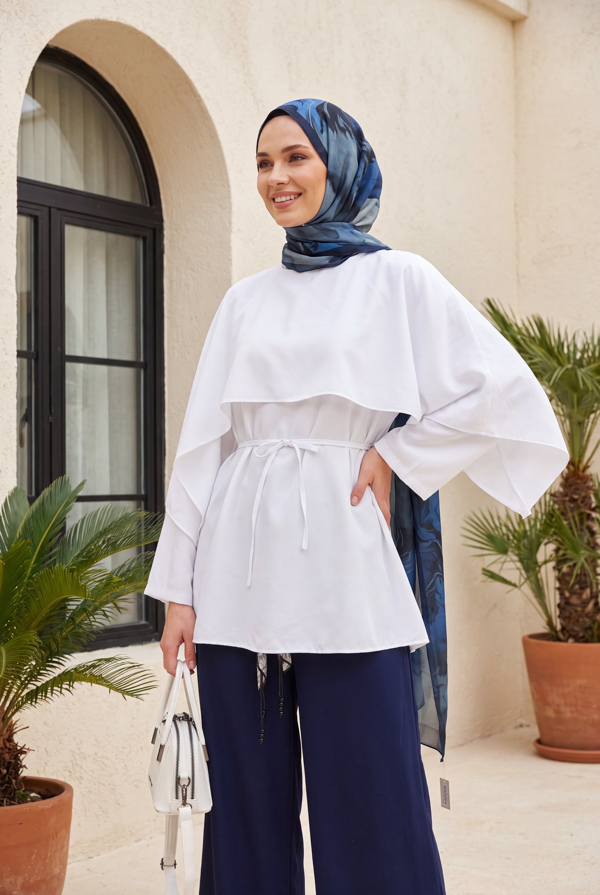 White Voile Tunic with Cape Detail and Belt - Podyumplus - by Peralane - photo 4