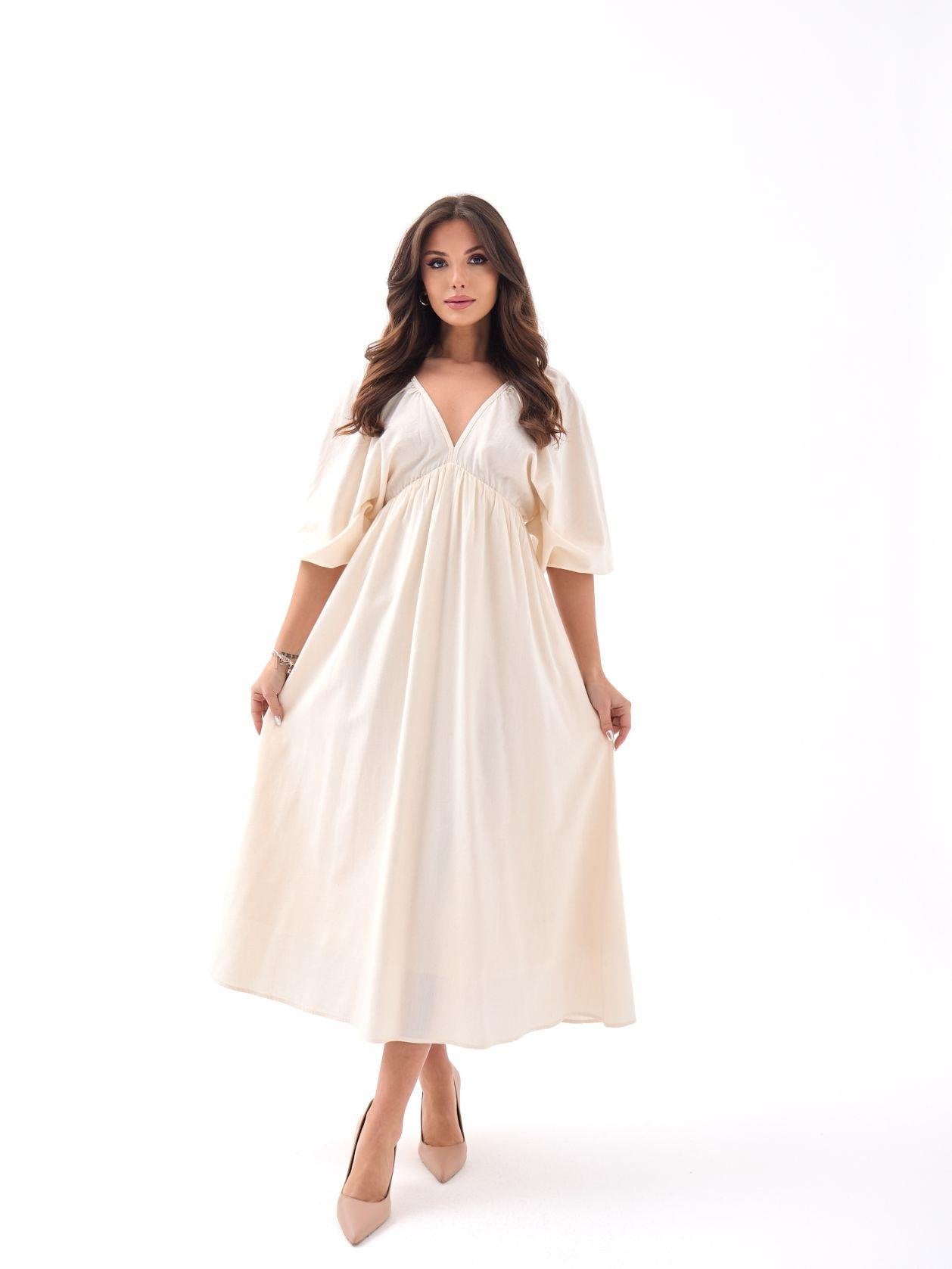 Cream V-Neck Puff Sleeve Midi Dress in Cotton Viscose - Fame - by Peralane