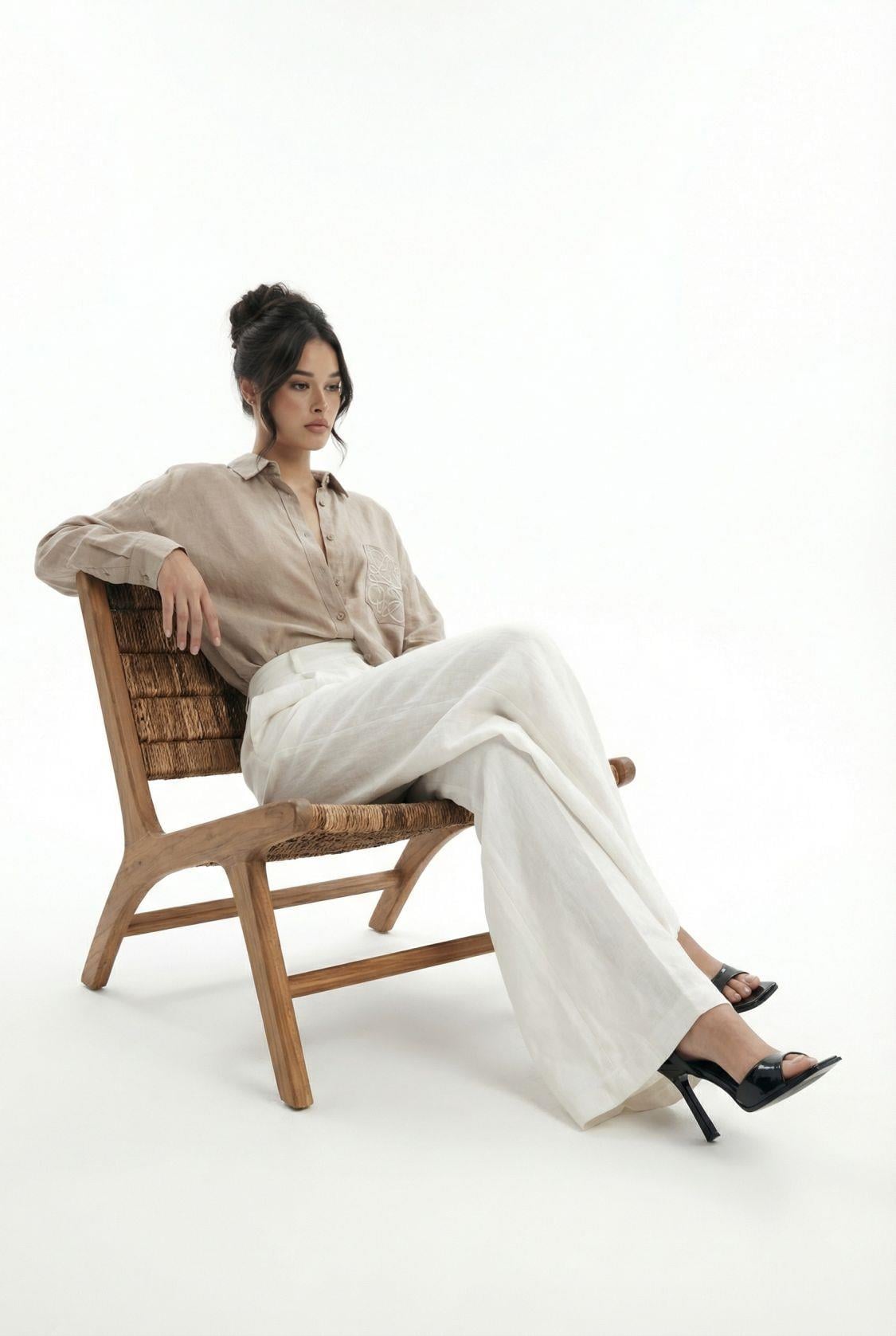Women's Linen Blouse and Trousers Set in Beige and White - Fame - by Peralane - photo 4