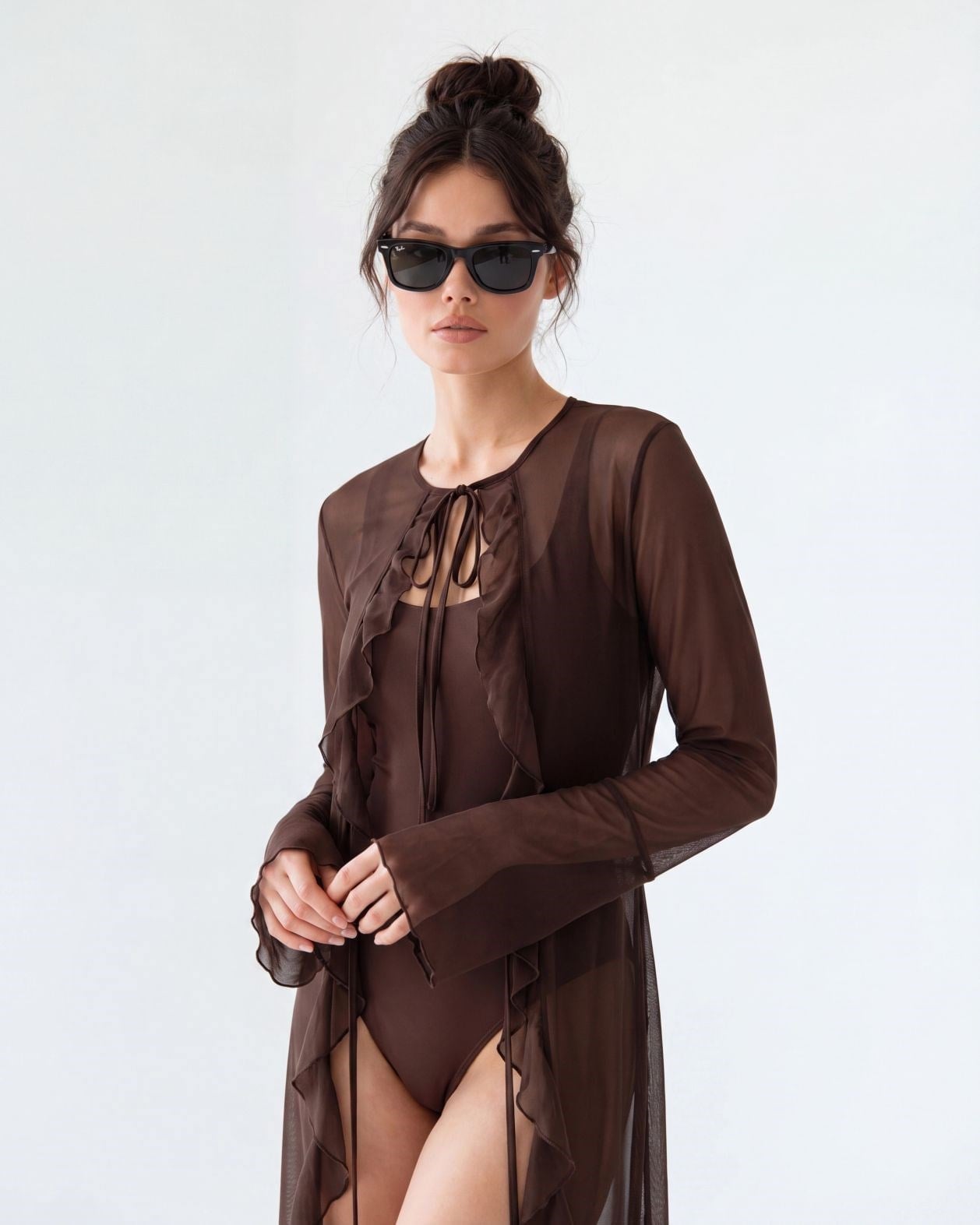 Dark Brown Sheer Ruffle Kimono with Tie Closure - Fame - by Peralane - photo 3