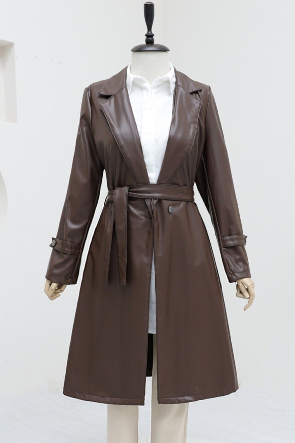 Belted Faux Leather Trench Coat - Brown - Podyumplus - by Peralane - photo 2