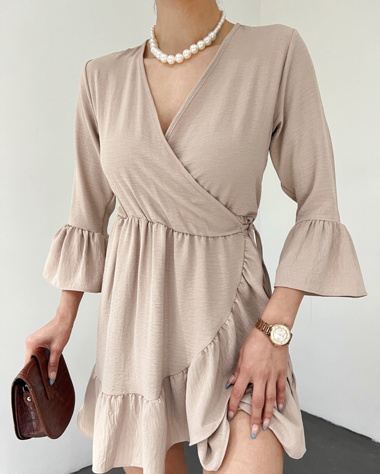Ruffled Wrap Dress with Tie Waist - Light Beige - Podyumplus - by Peralane - photo 3