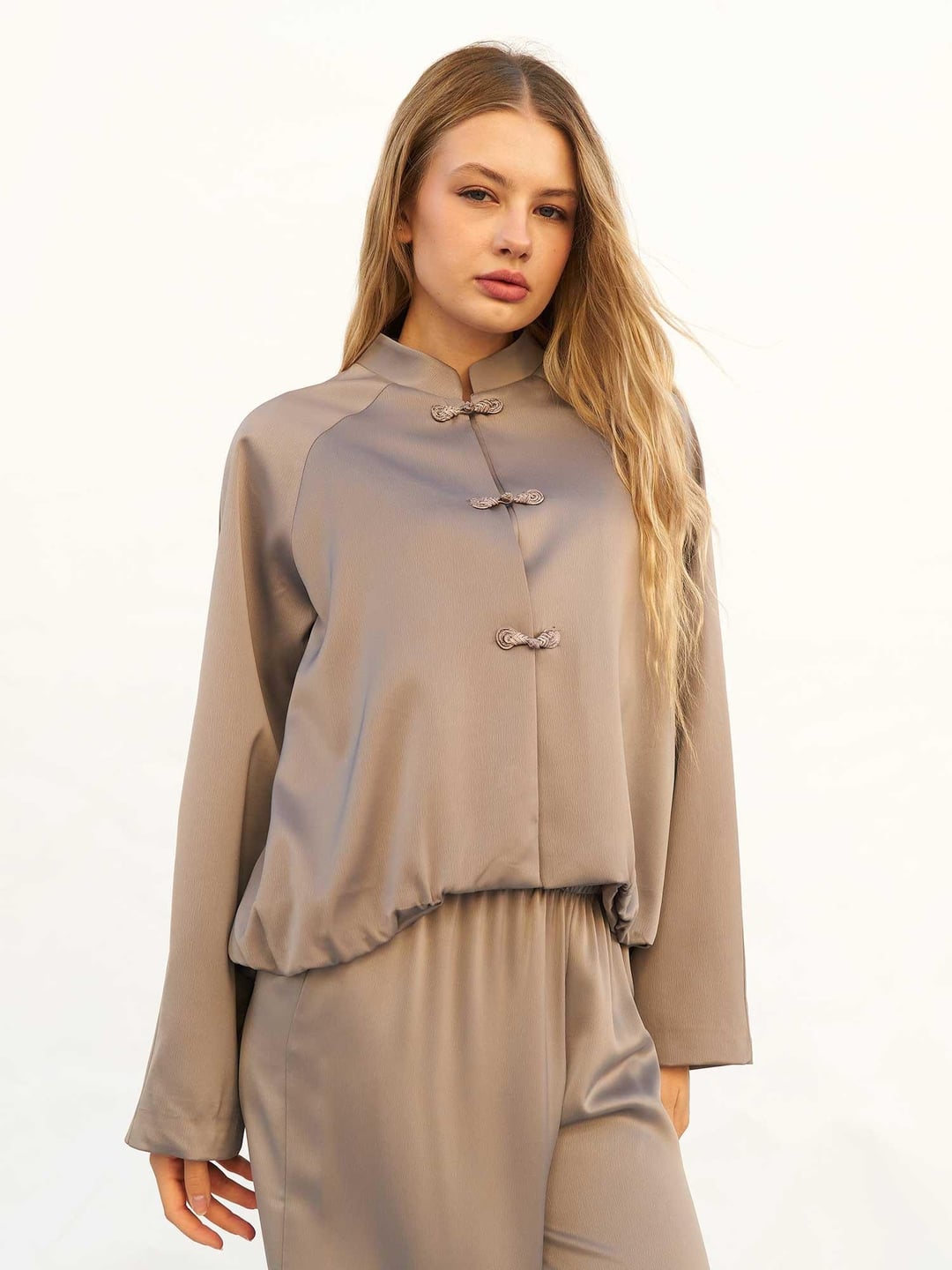 Taupe Satin Mandarin Collar Bomber Jacket - Lefon - by Peralane
