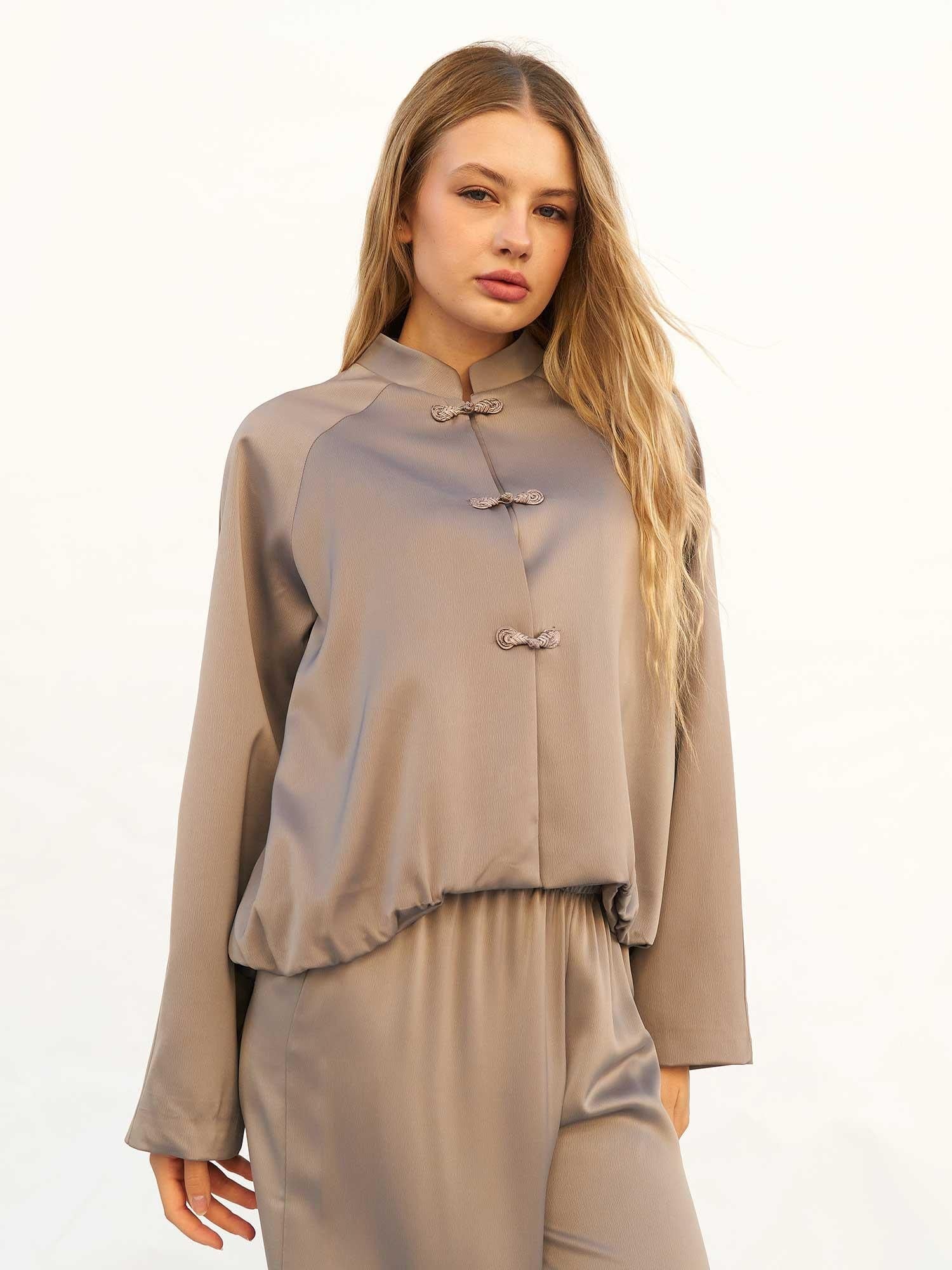 Taupe Satin Mandarin Collar Bomber Jacket - Lefon - by Peralane