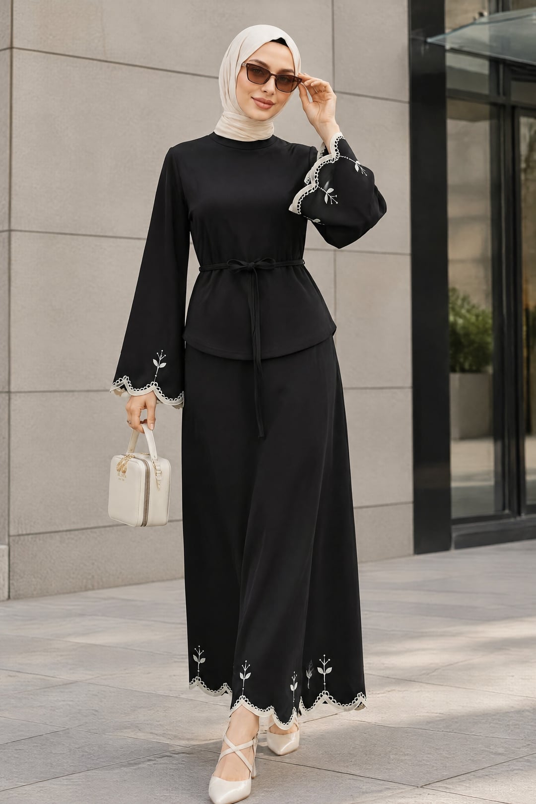 Embroidered Waist-Tied Skirt Set - Black - Podyumplus - by Peralane - photo 2