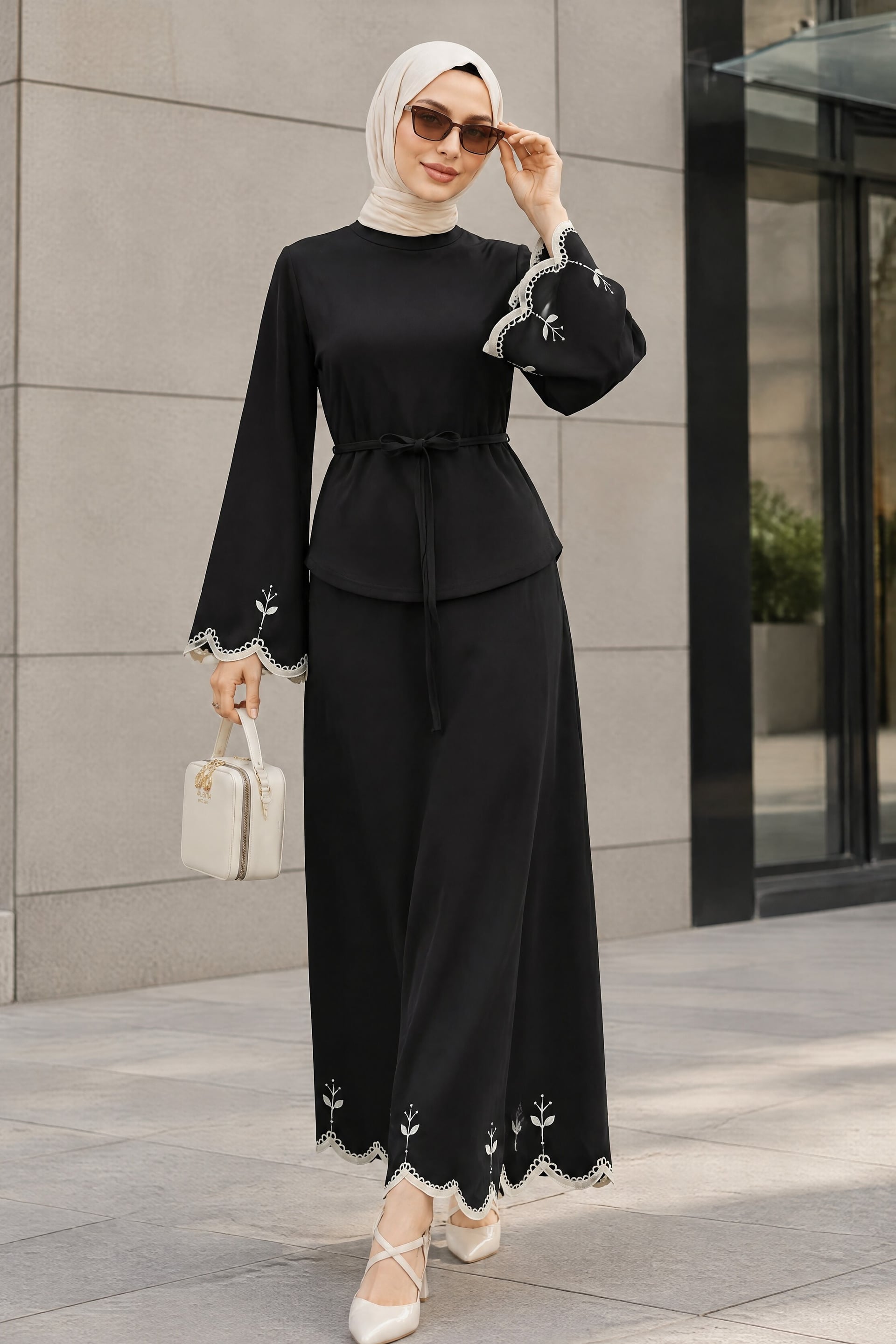 Embroidered Waist-Tied Skirt Set - Black - Podyumplus - by Peralane - photo 2