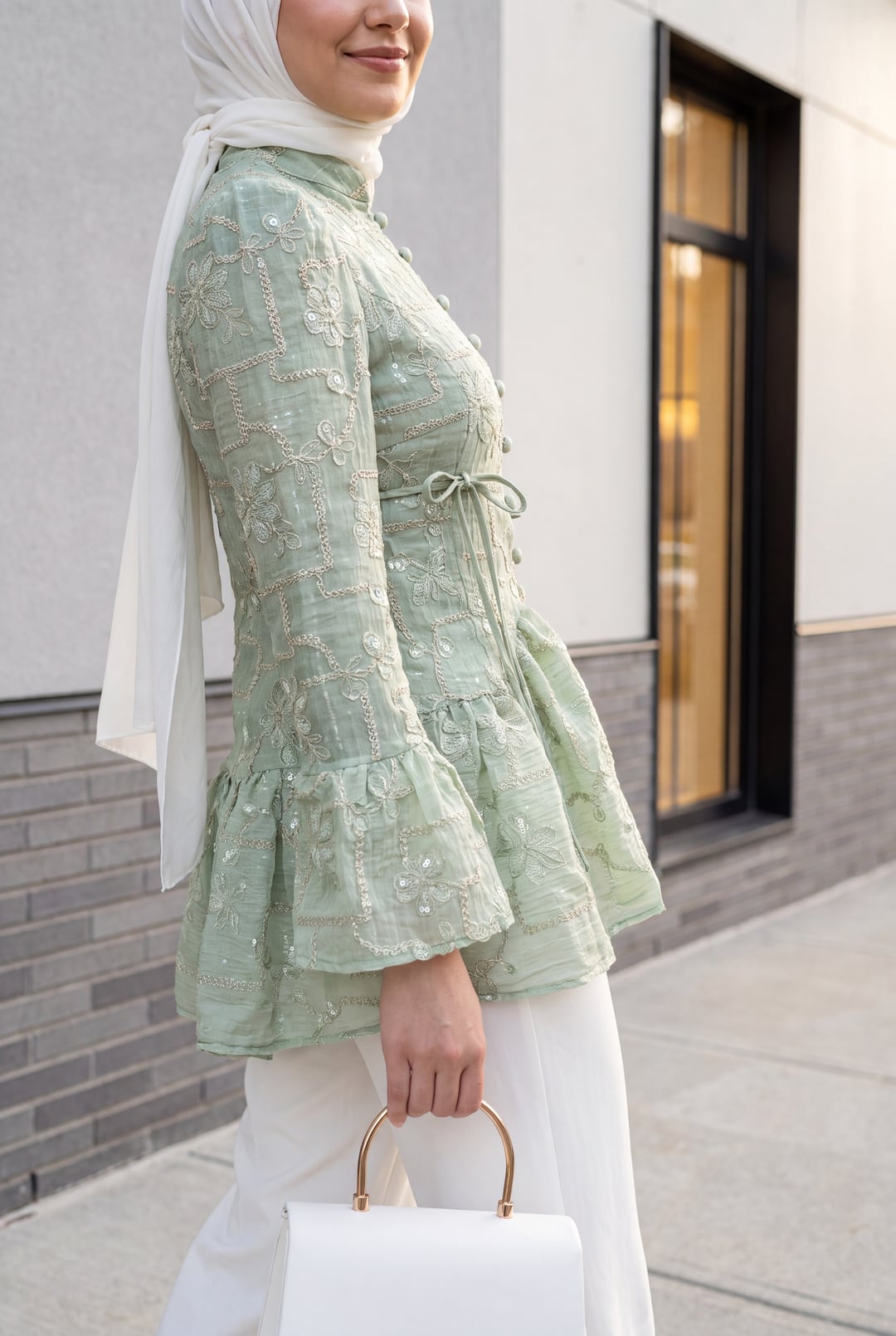 Sage Green Mandarin Collar Embroidered Tunic with Ruffle Cuffs - Podyumplus - by Peralane - photo 6