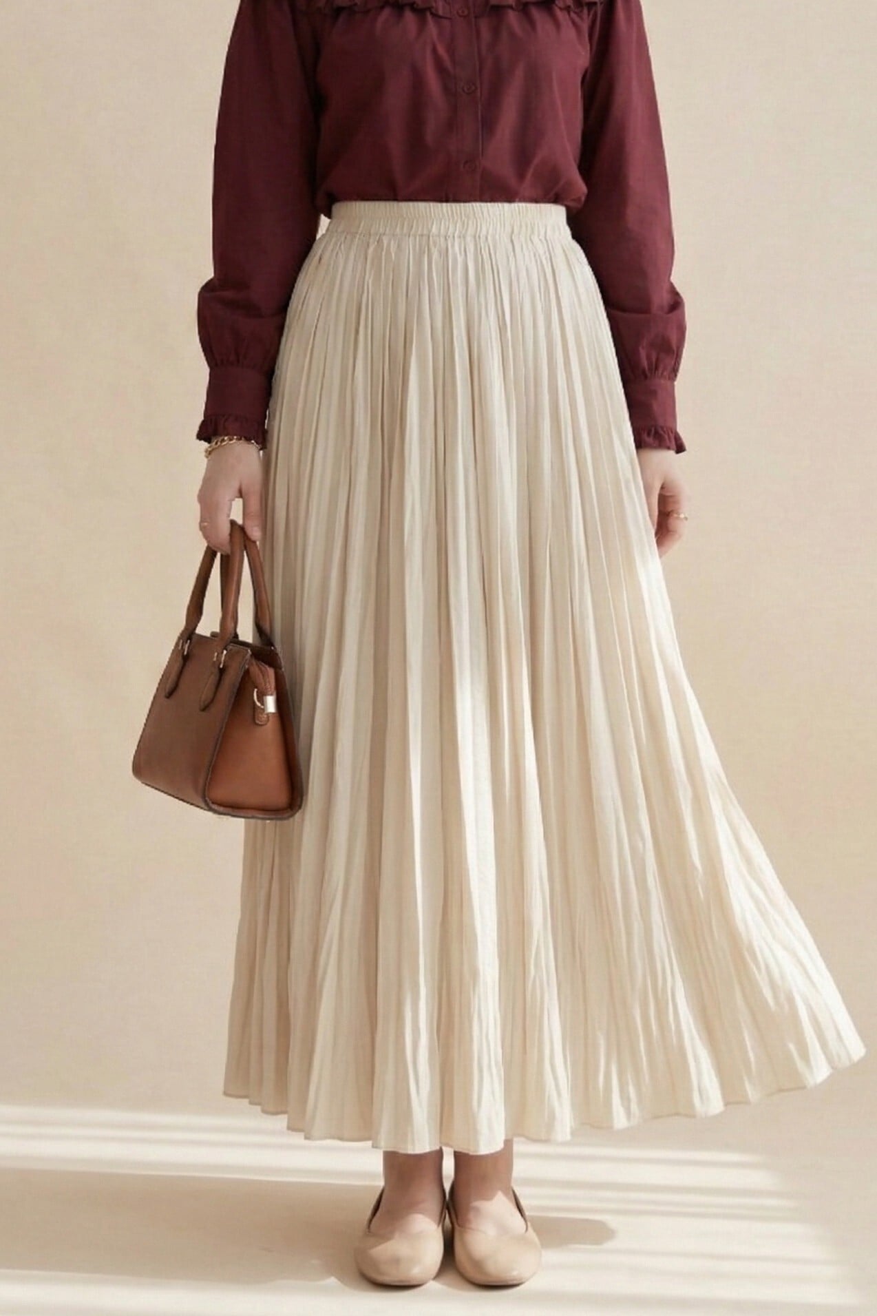 Elasticated Waist Crinkle Skirt - Beige - Podyumplus - by Peralane